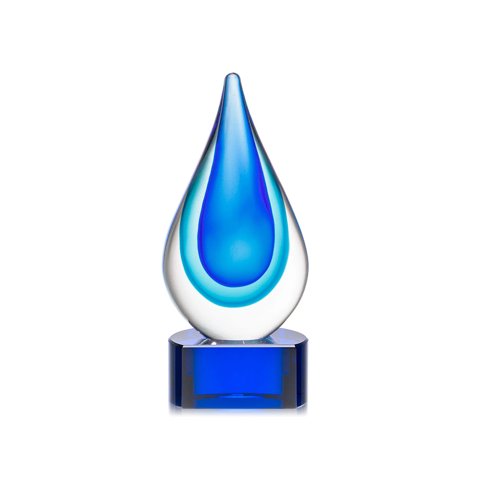 Personalized Clear Glass Teardrop Award With Blue Hues, Paragon Base for company anniversary events