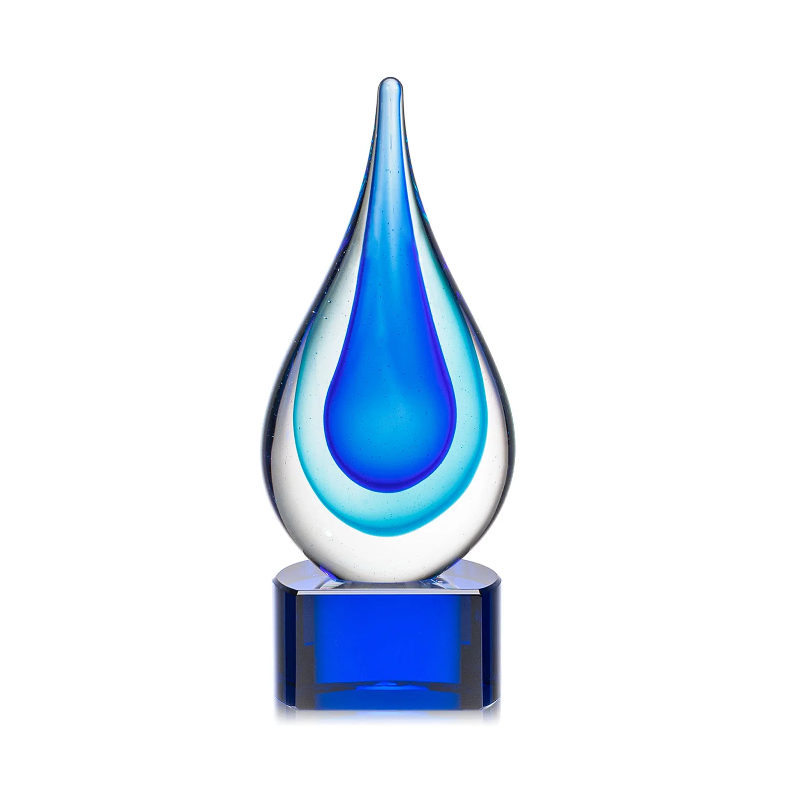 Promotional Clear Glass Teardrop Award With Blue Hues, Paragon Base for employee recognition
