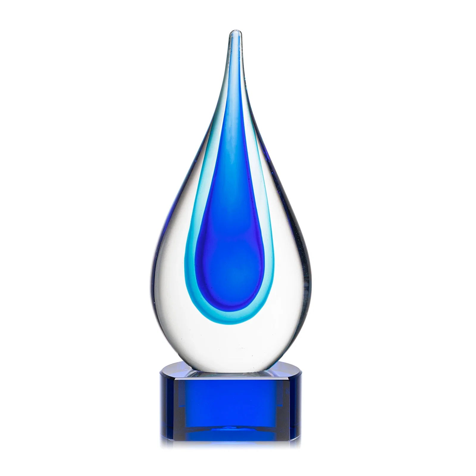 Promotional Clear Glass Teardrop Award With Blue Hues, Paragon Base for corporate award ceremonies