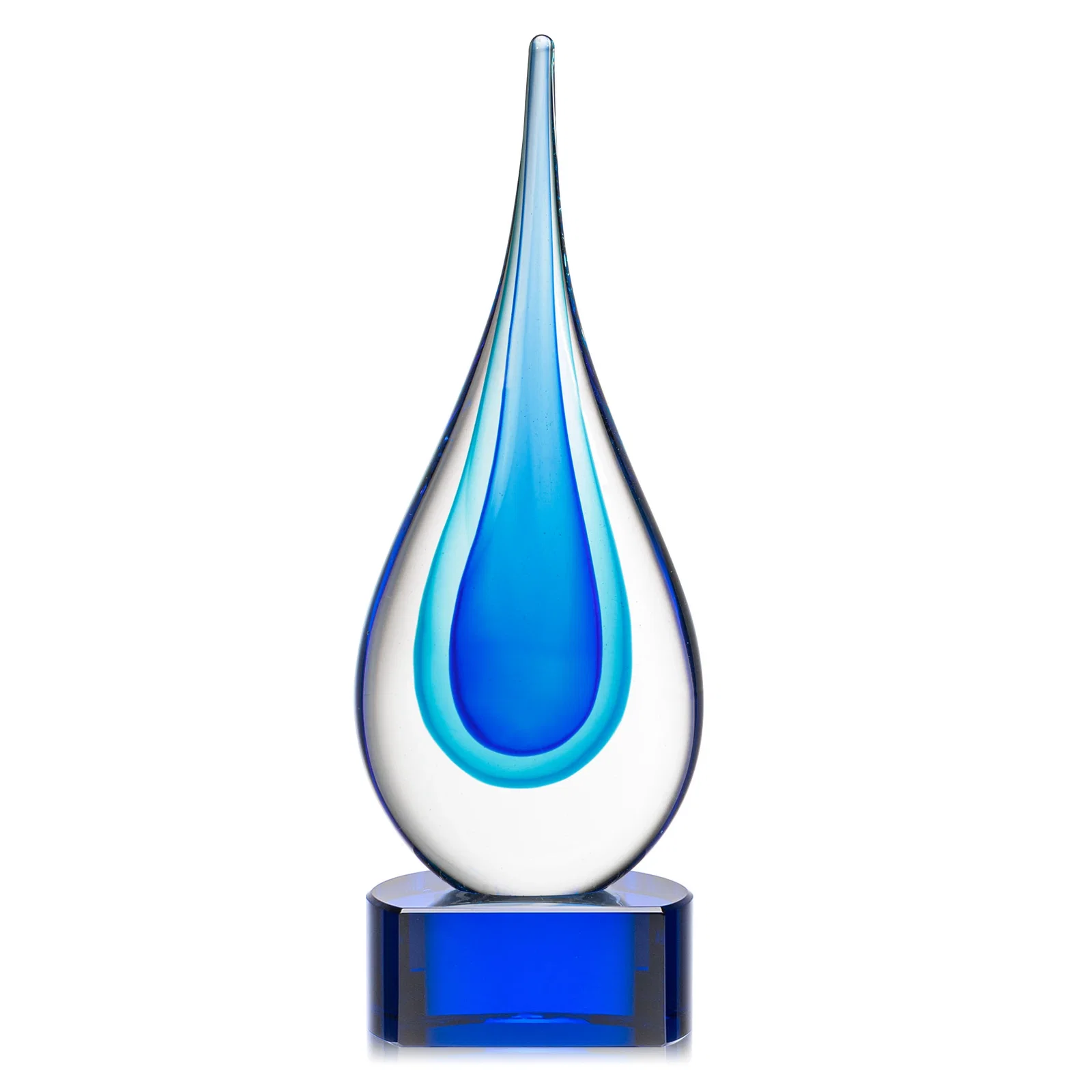 Promotional Clear Glass Teardrop Award With Blue Hues, Paragon Base for service anniversary gifts
