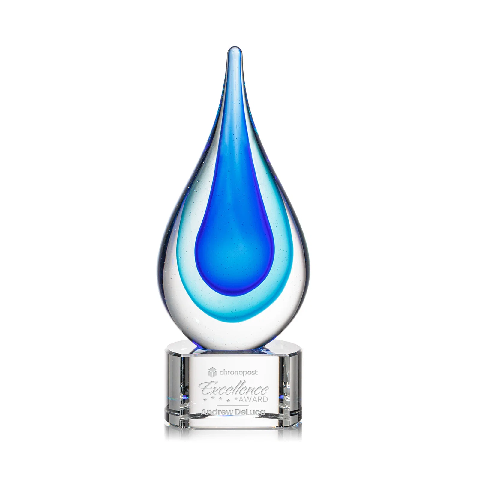 Custom Clear Glass Teardrop Award With Blue Hues, Paragon Base for service anniversary gifts