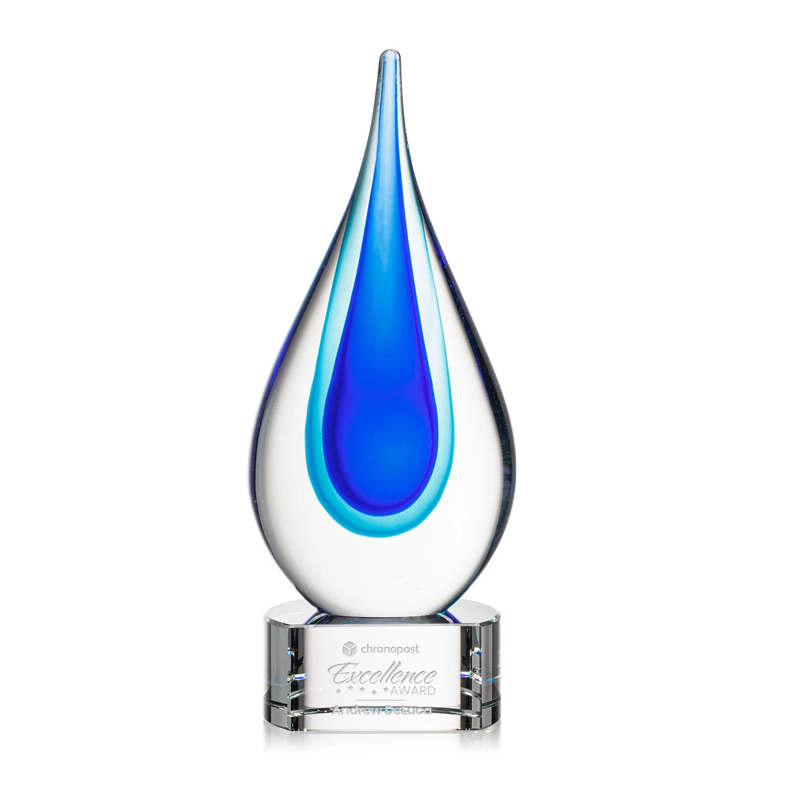 Custom Clear Glass Teardrop Award With Blue Hues, Paragon Base for sales achievement awards