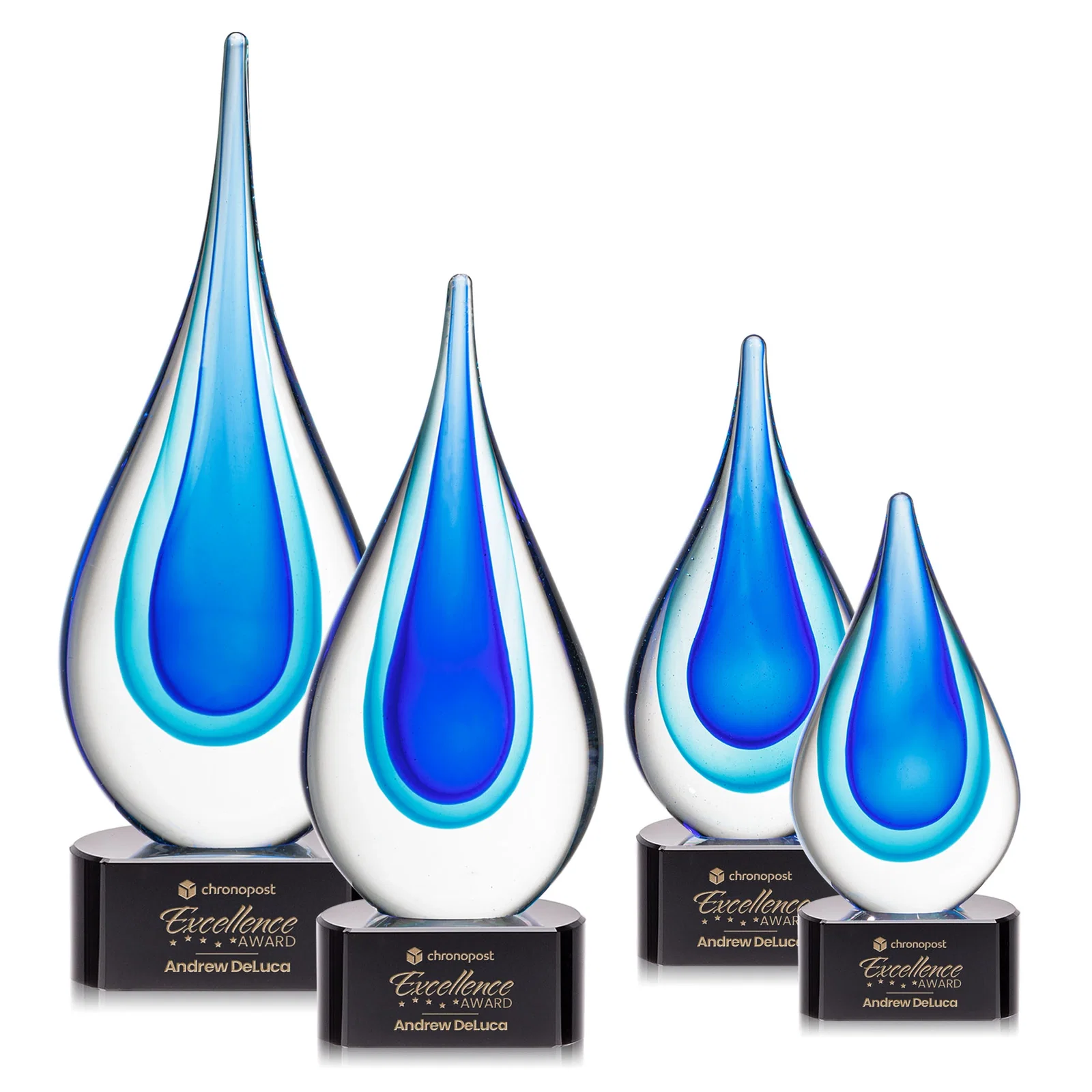 Custom Clear Glass Teardrop Award With Blue Hues, Paragon Base for team milestone celebrations