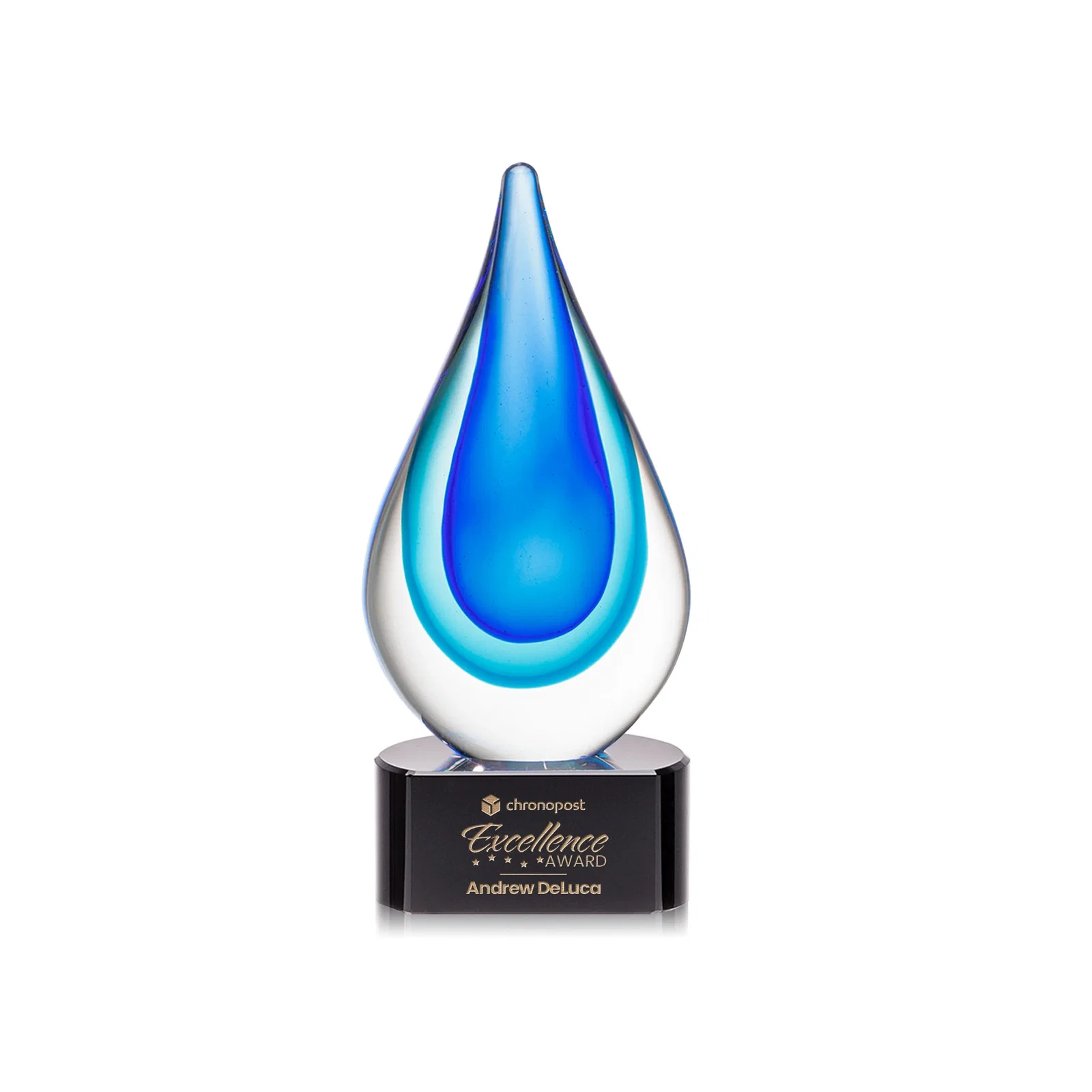 Custom Clear Glass Teardrop Award With Blue Hues, Paragon Base for donor appreciation