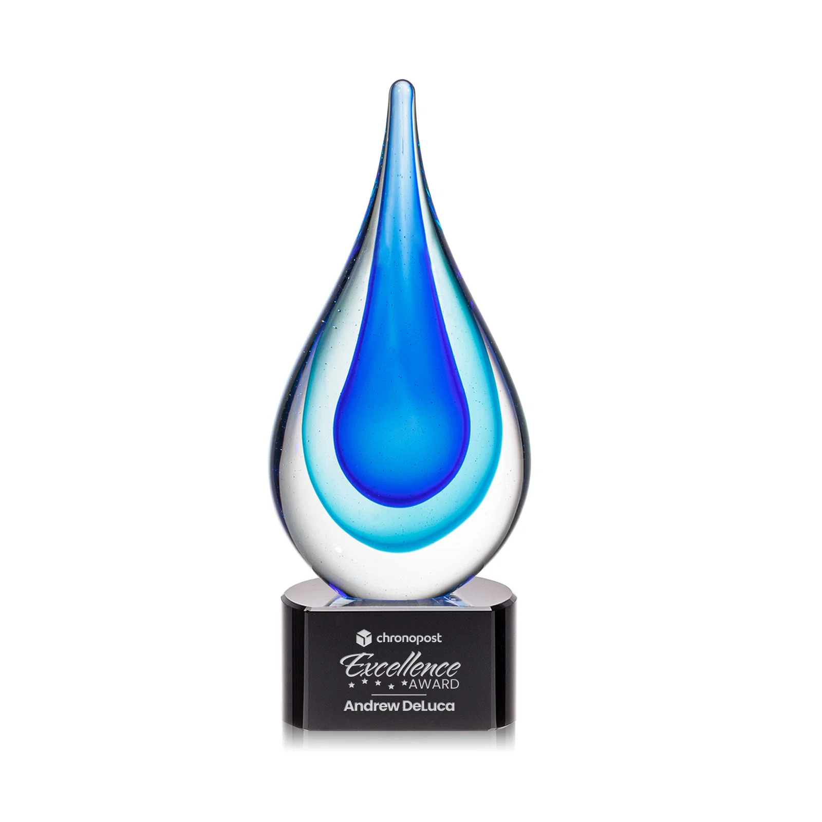 Custom Clear Glass Teardrop Award With Blue Hues, Paragon Base for graduation ceremonies