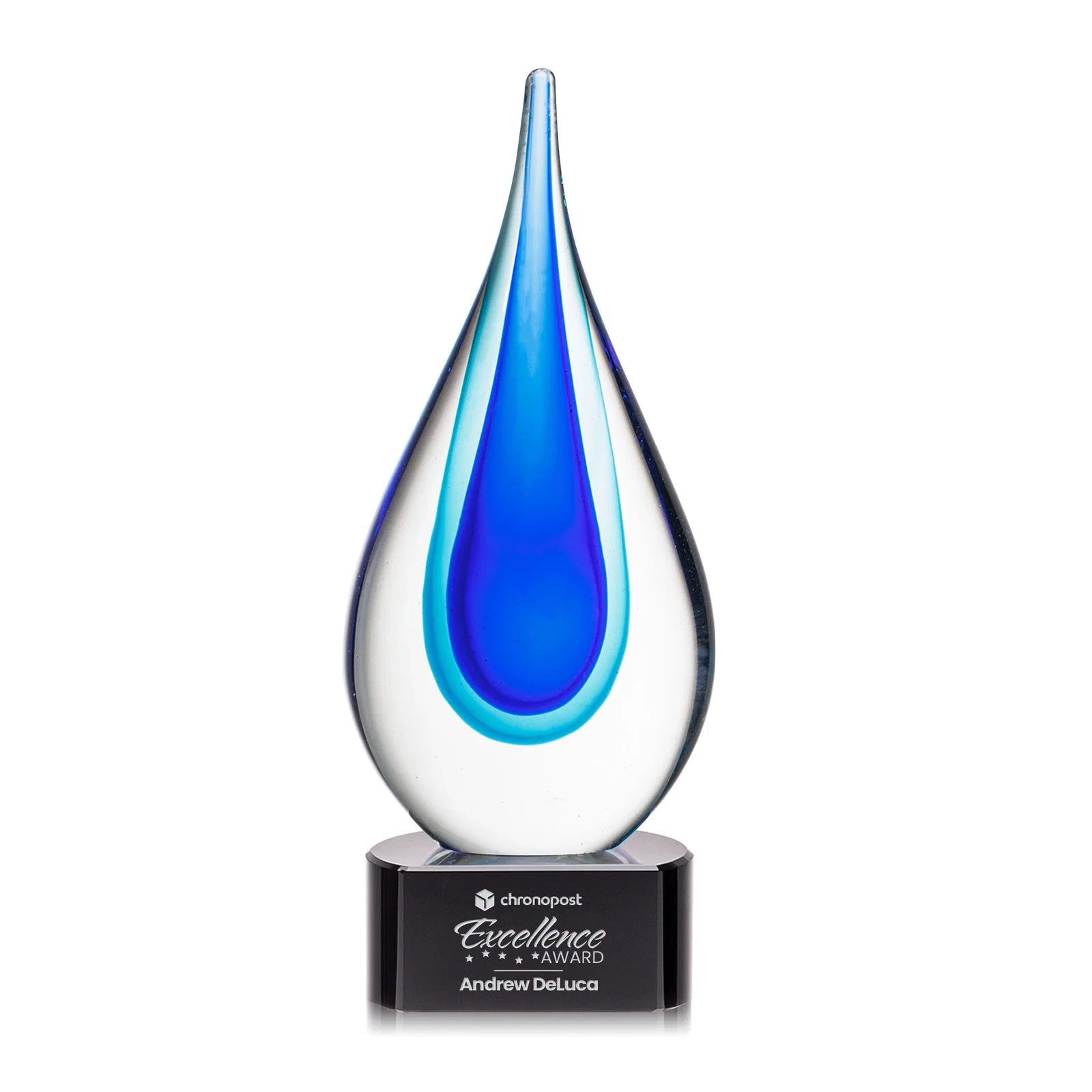Custom Clear Glass Teardrop Award With Blue Hues, Paragon Base for safety achievement programs