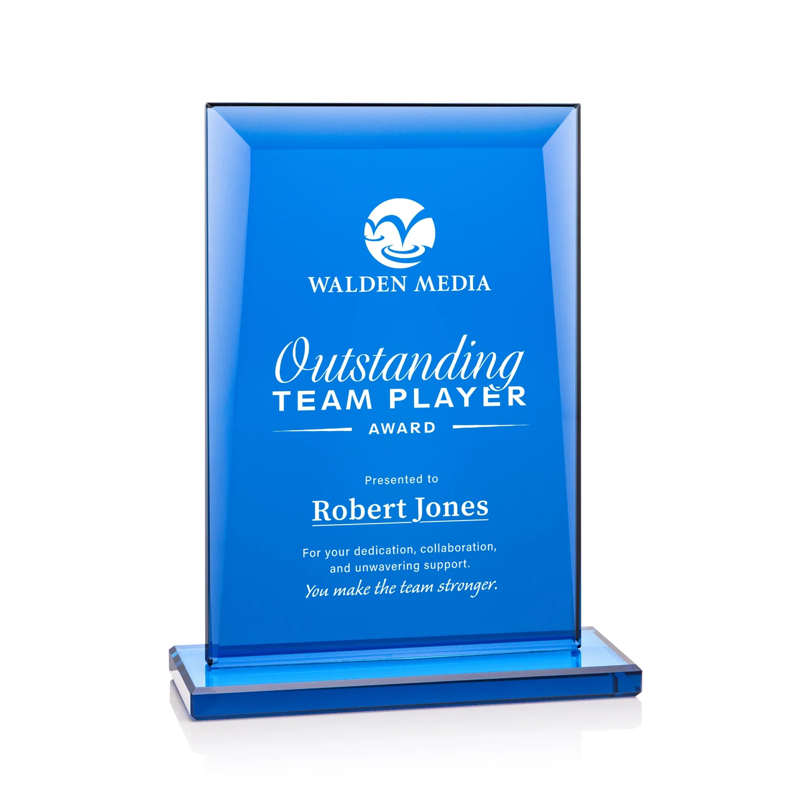 Custom Solid Blue Starfire Crystal Rectangle Award, awards for corporate award ceremonies