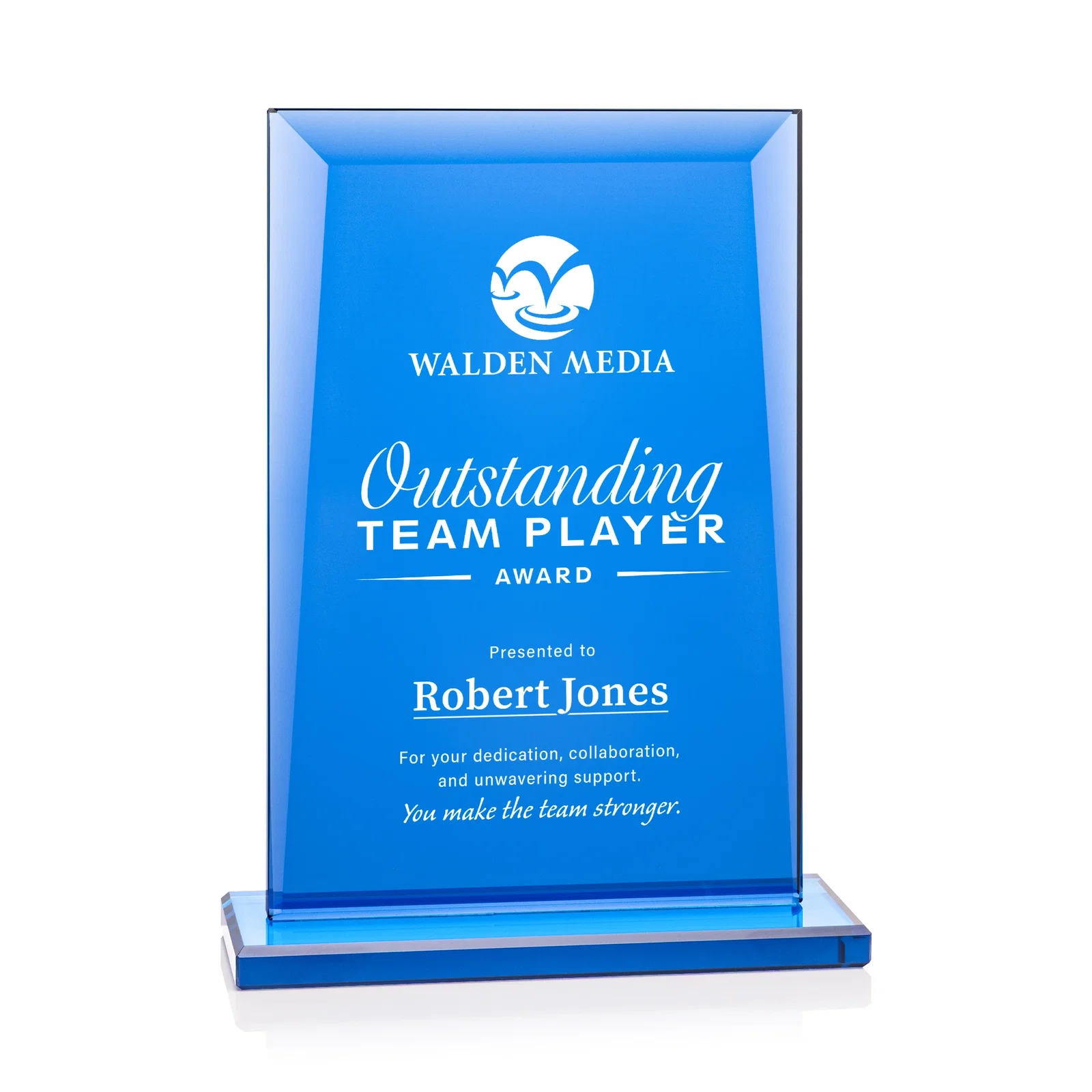 Custom Solid Blue Starfire Crystal Rectangle Award, awards for service anniversary gifts