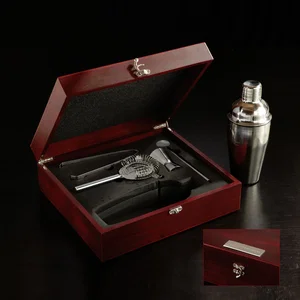 Stainless Steel Martini Shaker Set, 11.5" x 10.25" Wooden Case, Laser Engraved