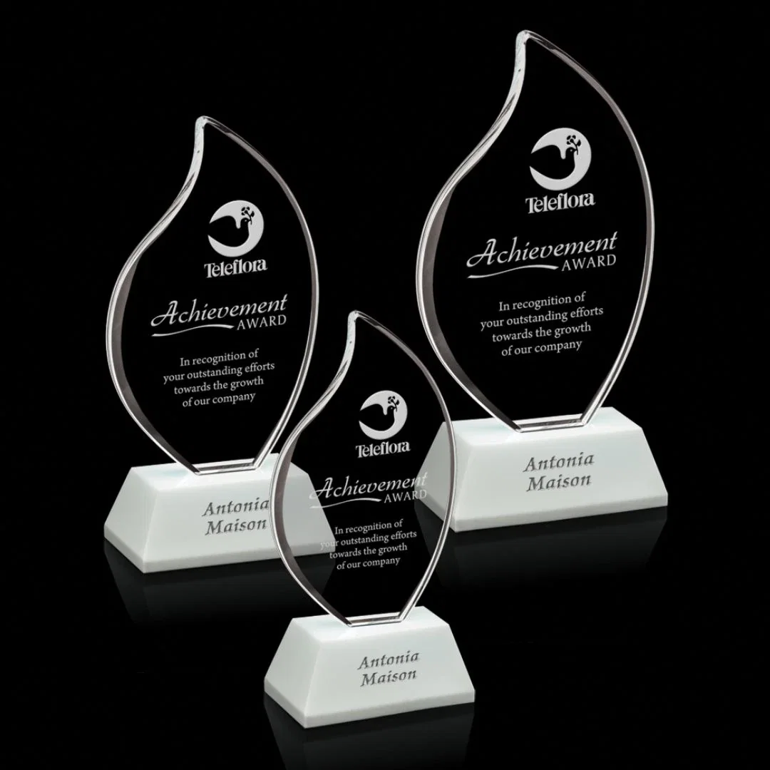 Custom Optical Crystal Flame Award on Deep-Beveled White Crystal Base, awards for employee recognition