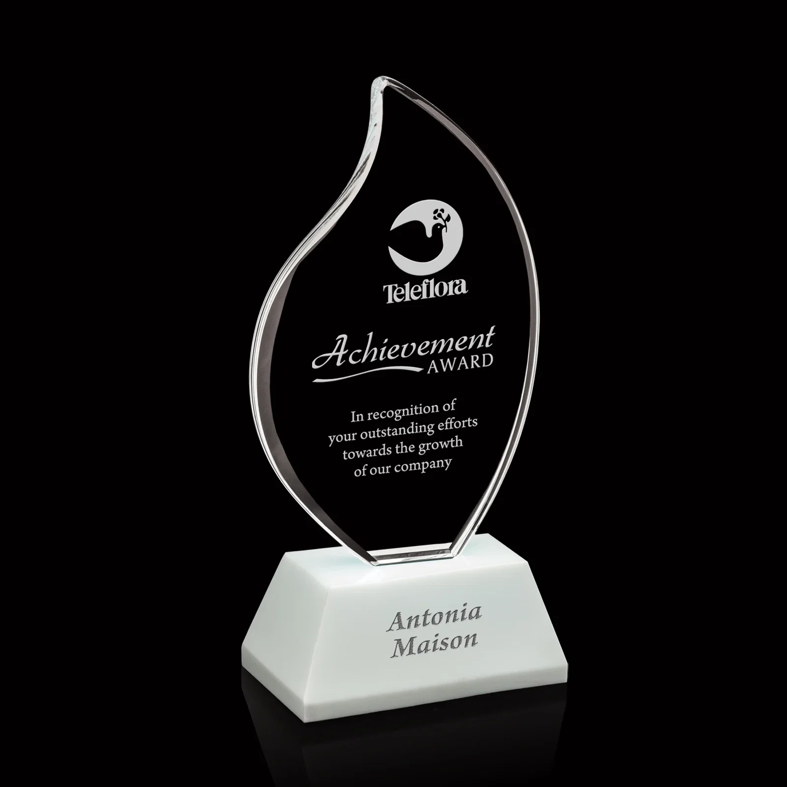 Custom Optical Crystal Flame Award on Deep-Beveled White Crystal Base, awards for corporate award ceremonies