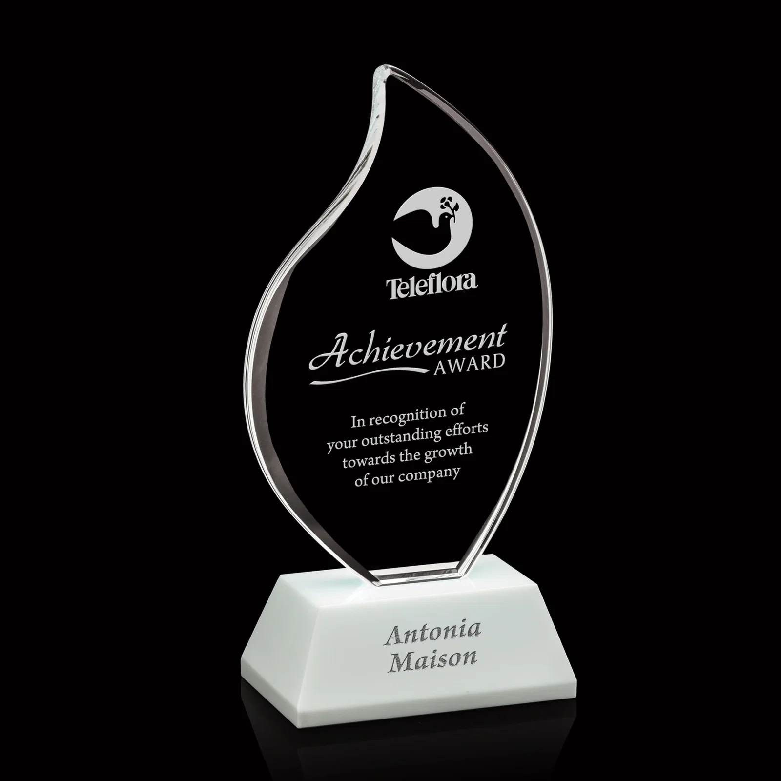 Custom Optical Crystal Flame Award on Deep-Beveled White Crystal Base, awards for service anniversary gifts