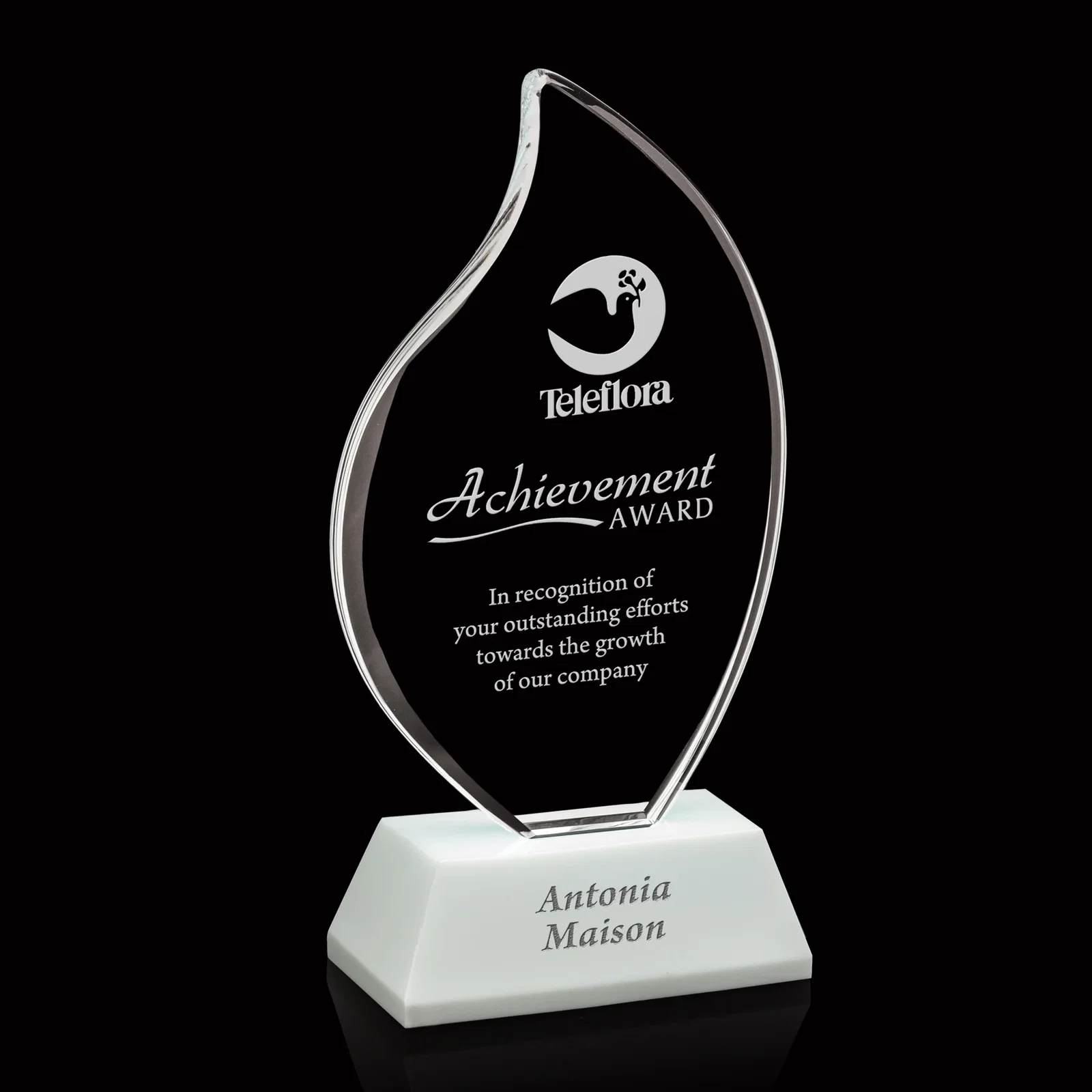 Custom Optical Crystal Flame Award on Deep-Beveled White Crystal Base, awards for sales achievement awards