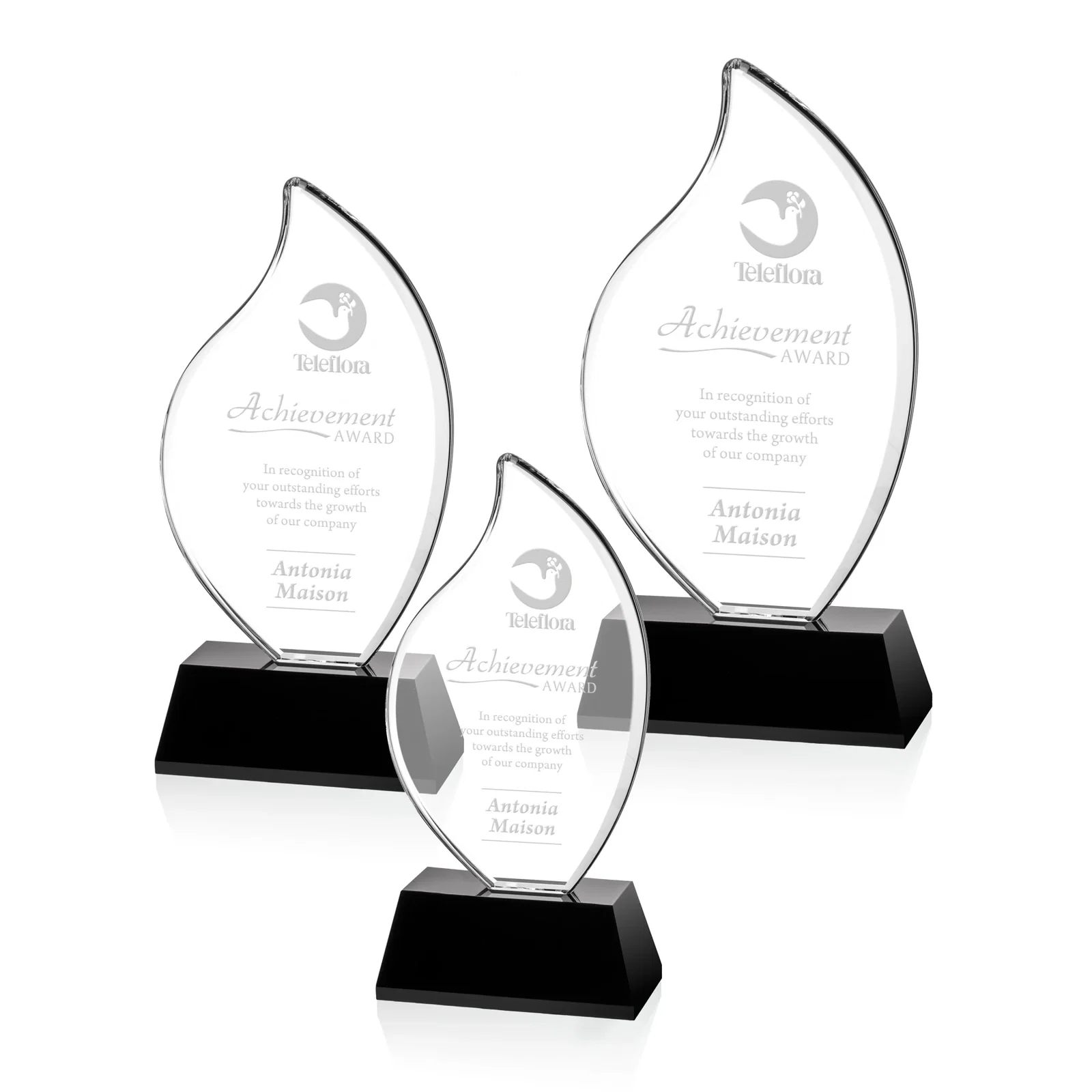 Custom Optical Crystal Flame Award on Deep-Beveled White Crystal Base, awards for retirement presentations