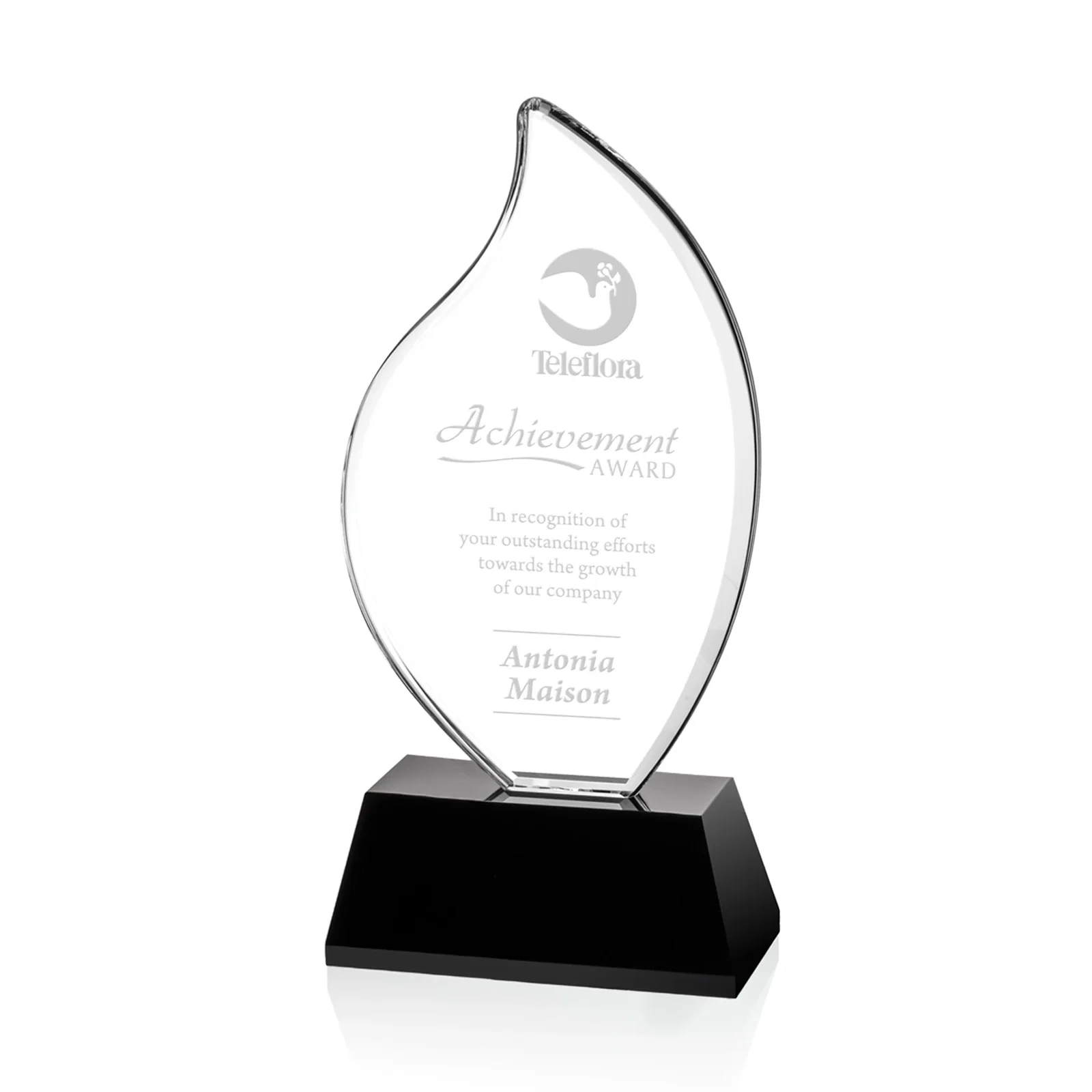 Custom Optical Crystal Flame Award on Deep-Beveled White Crystal Base, awards for team milestone celebrations