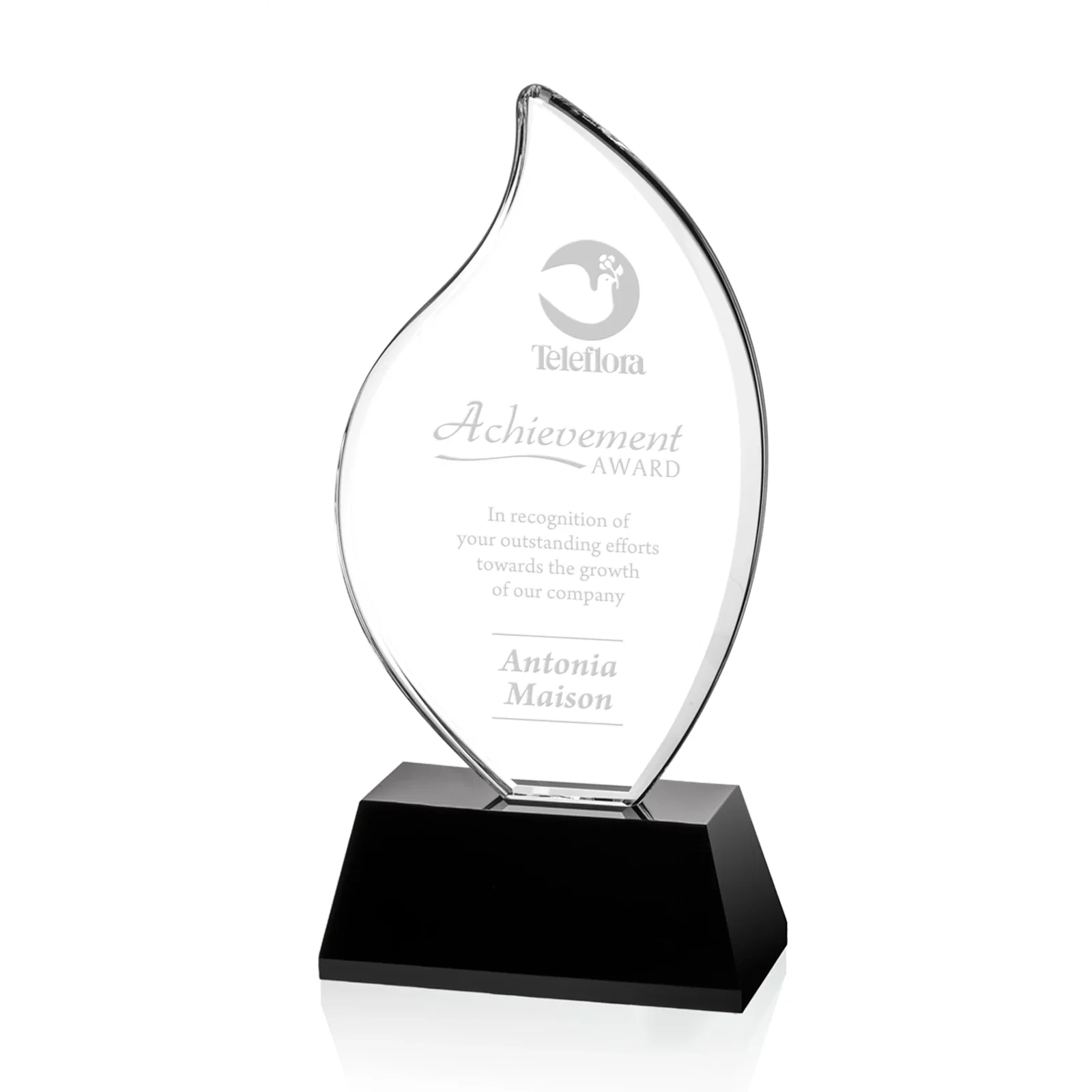 Custom Optical Crystal Flame Award on Deep-Beveled White Crystal Base, awards for donor appreciation