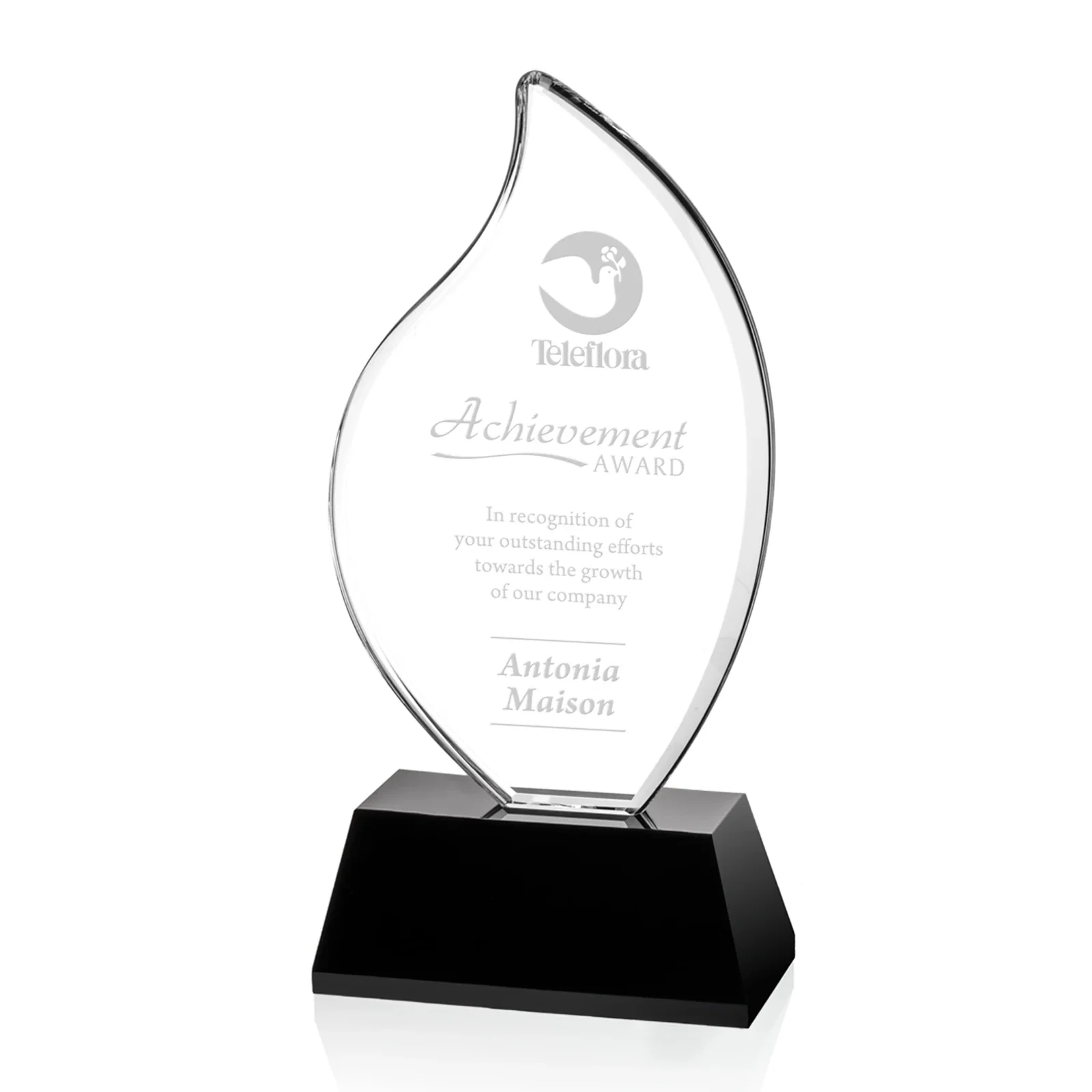 Custom Optical Crystal Flame Award on Deep-Beveled White Crystal Base, awards for graduation ceremonies