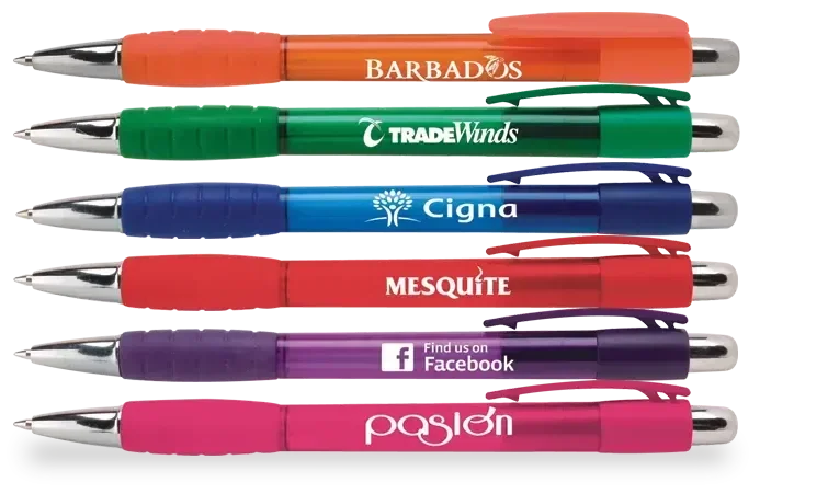 Personalized Martinique Pen. Translucent-barrel stick pen with rubber grip for trade show handouts