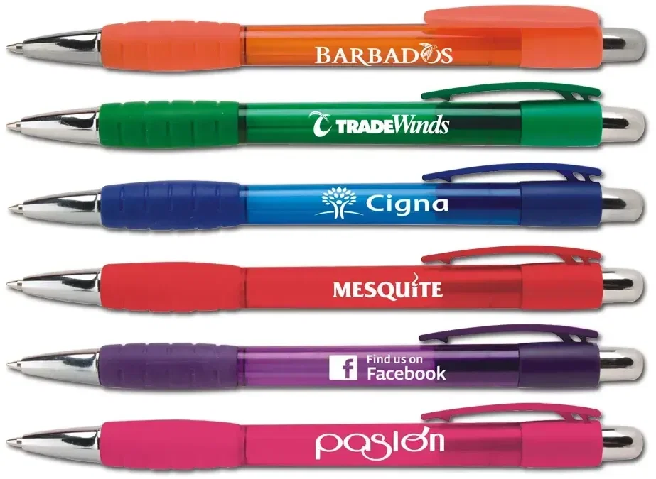 Personalized Martinique Pen. Translucent-barrel stick pen with rubber grip for trade show handouts, view 2