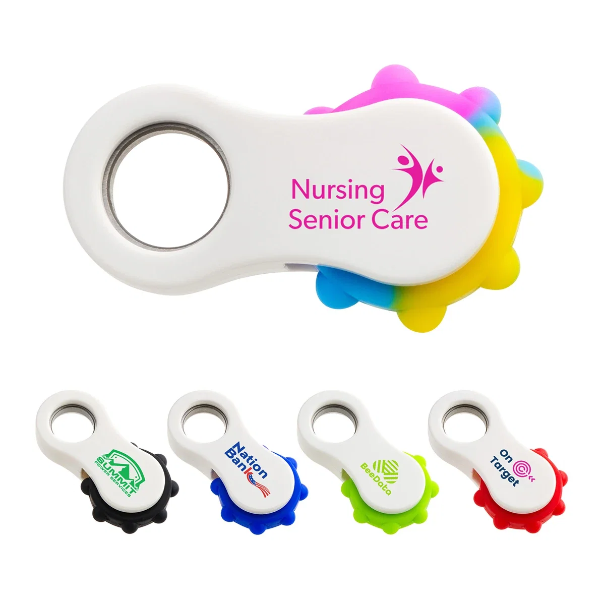 Recycled ABS spinner with raised silicone finger massage bumps and a push-pop surface