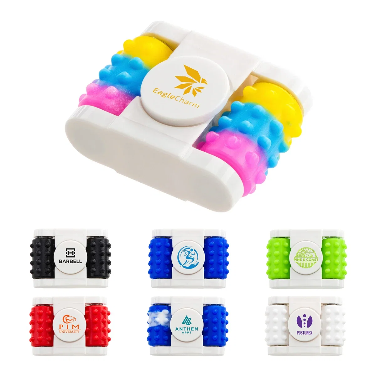 Recycled ABS massage roller with textured silicone rollers and a center spinner
