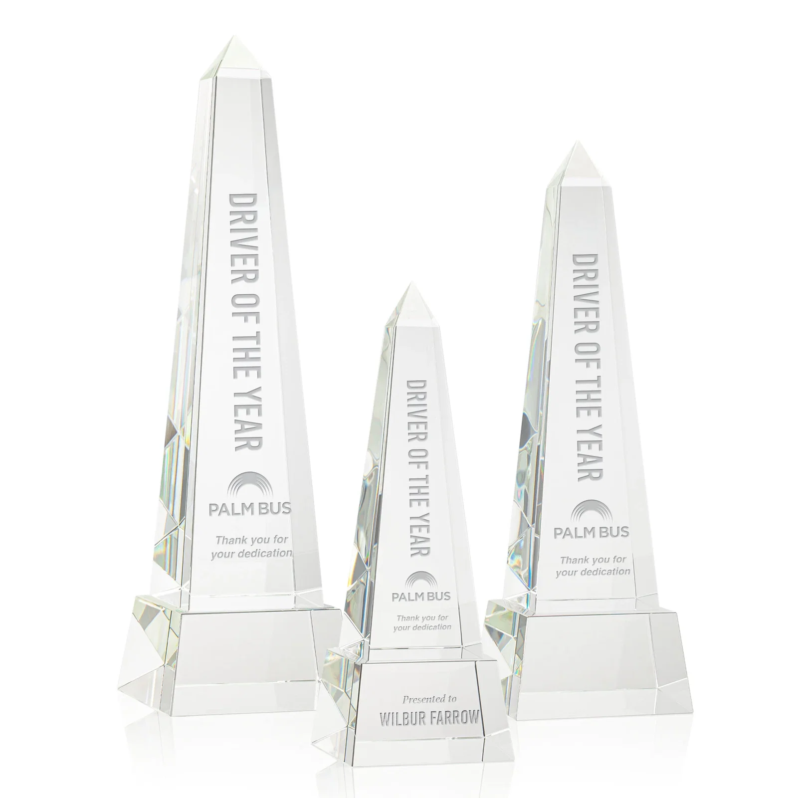 Custom Optical Crystal Obelisk Award with Faceted Peak on Tapered Base for employee recognition