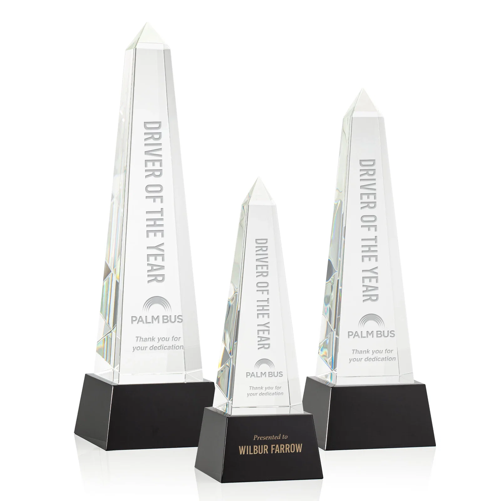 Custom Optical Crystal Obelisk Award with Faceted Peak on Tapered Base for volunteer appreciation