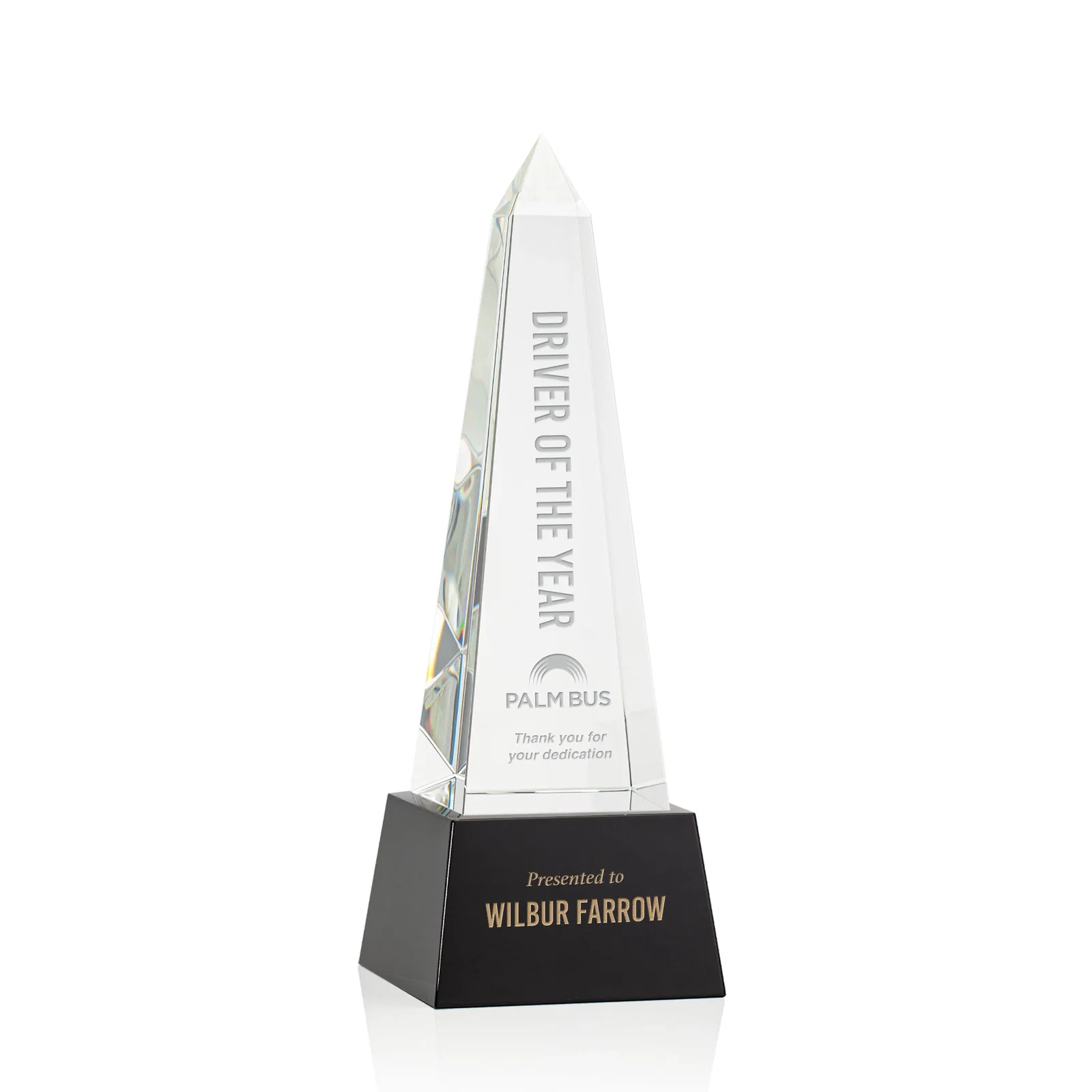 Custom Optical Crystal Obelisk Award with Faceted Peak on Tapered Base for dealer and partner awards