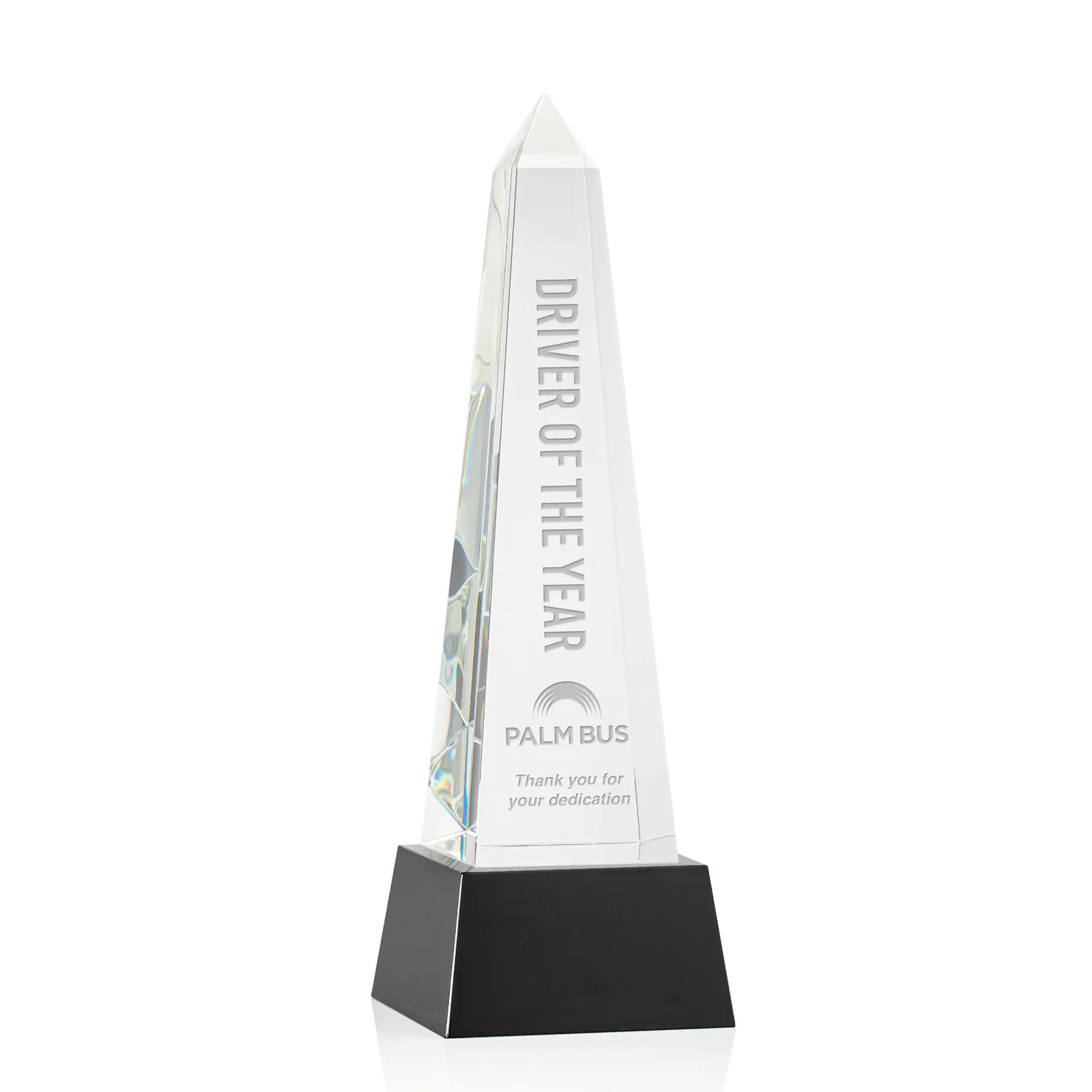 Custom Optical Crystal Obelisk Award with Faceted Peak on Tapered Base for company anniversary events