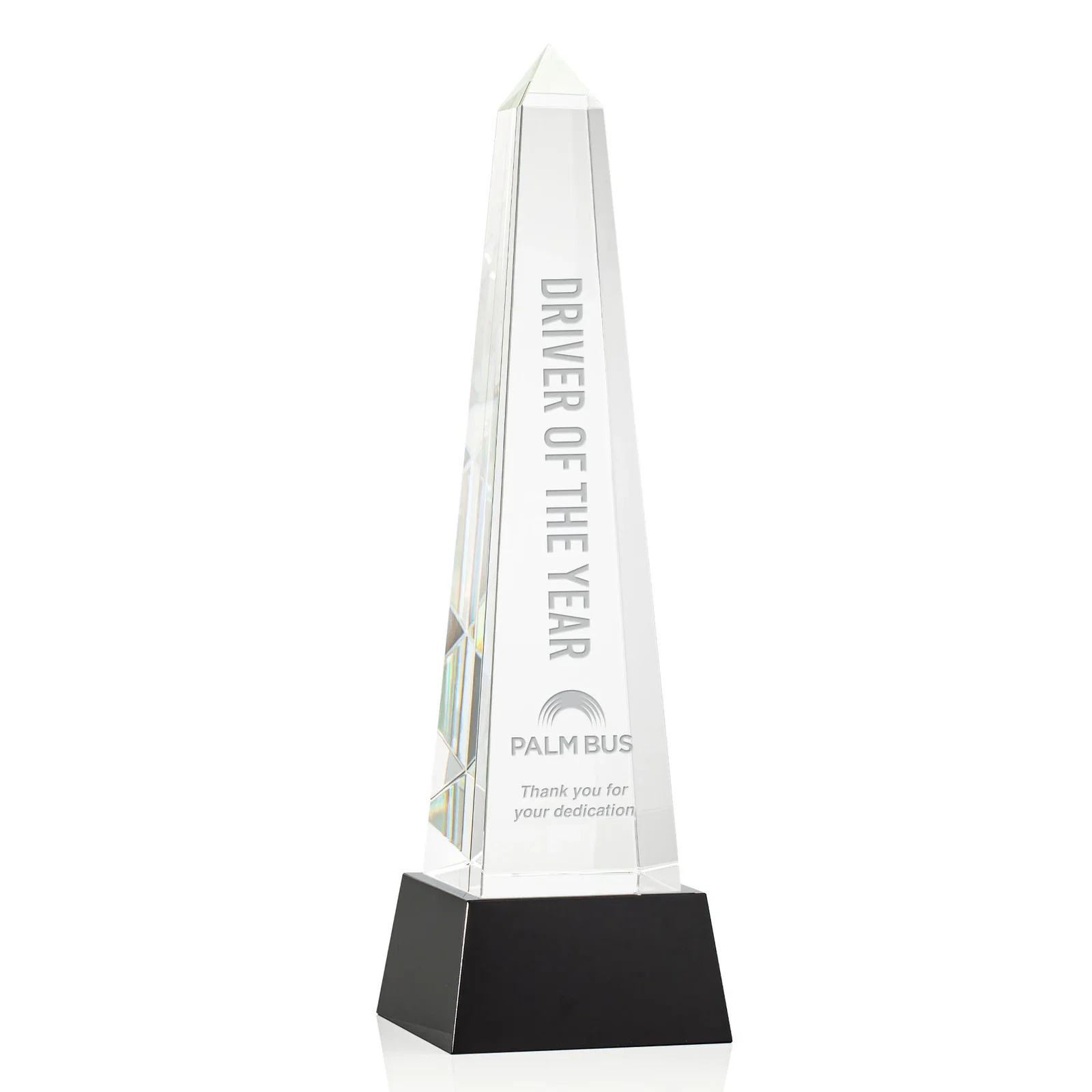 Personalized Optical Crystal Obelisk Award with Faceted Peak on Tapered Base for employee recognition