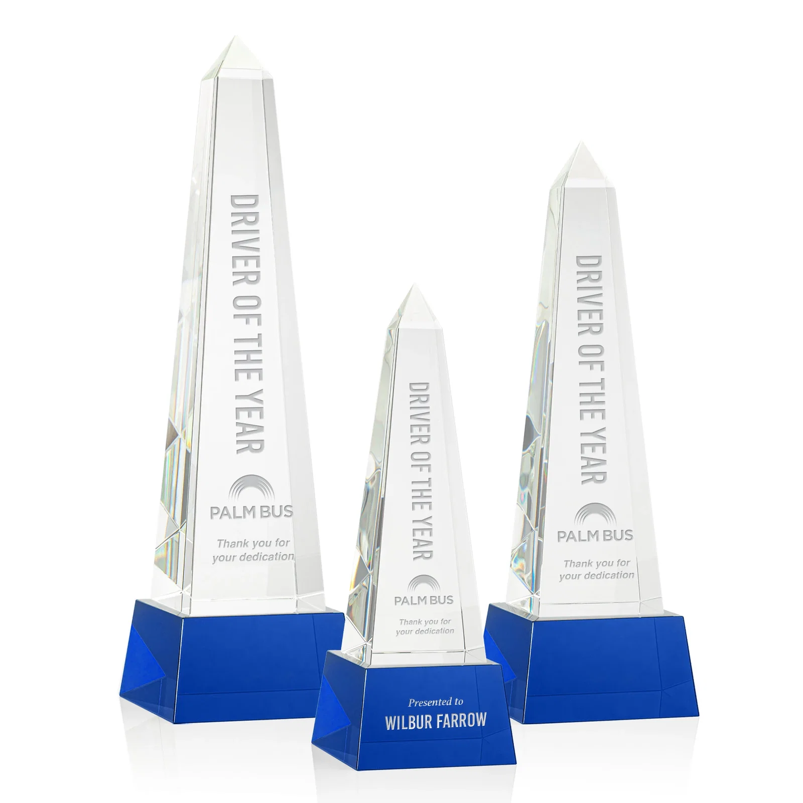 Personalized Optical Crystal Obelisk Award with Faceted Peak on Tapered Base for corporate award ceremonies