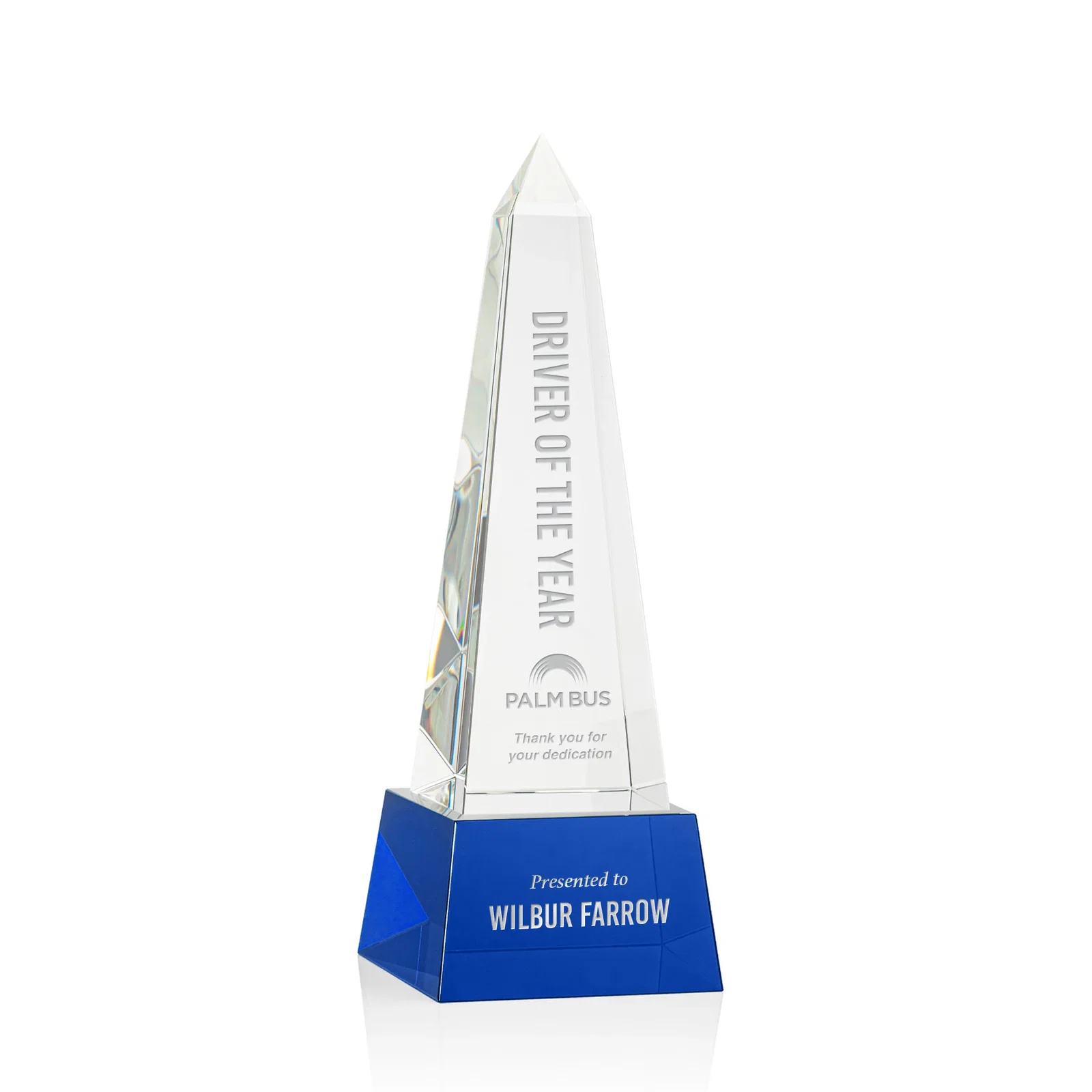 Personalized Optical Crystal Obelisk Award with Faceted Peak on Tapered Base for service anniversary gifts