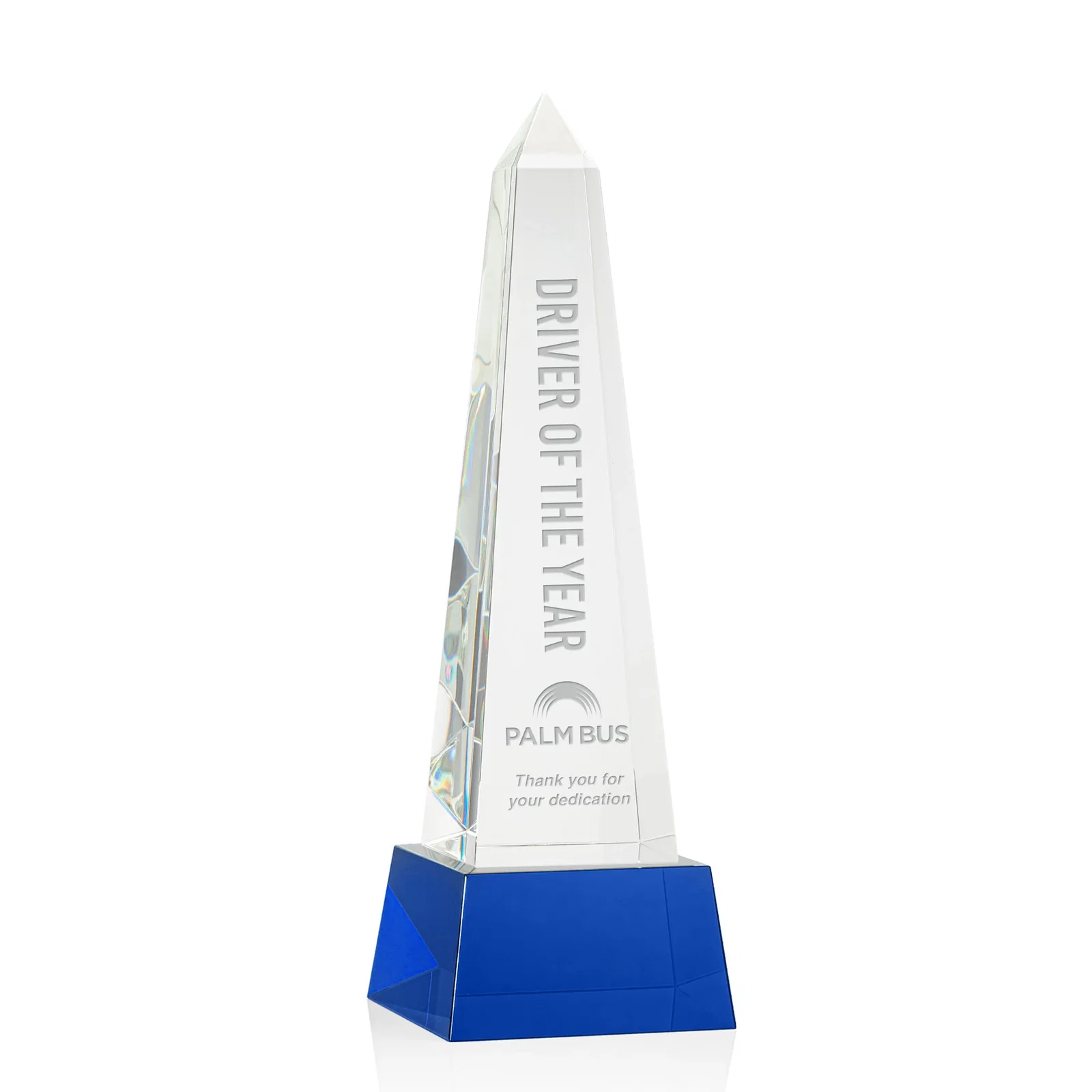 Personalized Optical Crystal Obelisk Award with Faceted Peak on Tapered Base for sales achievement awards