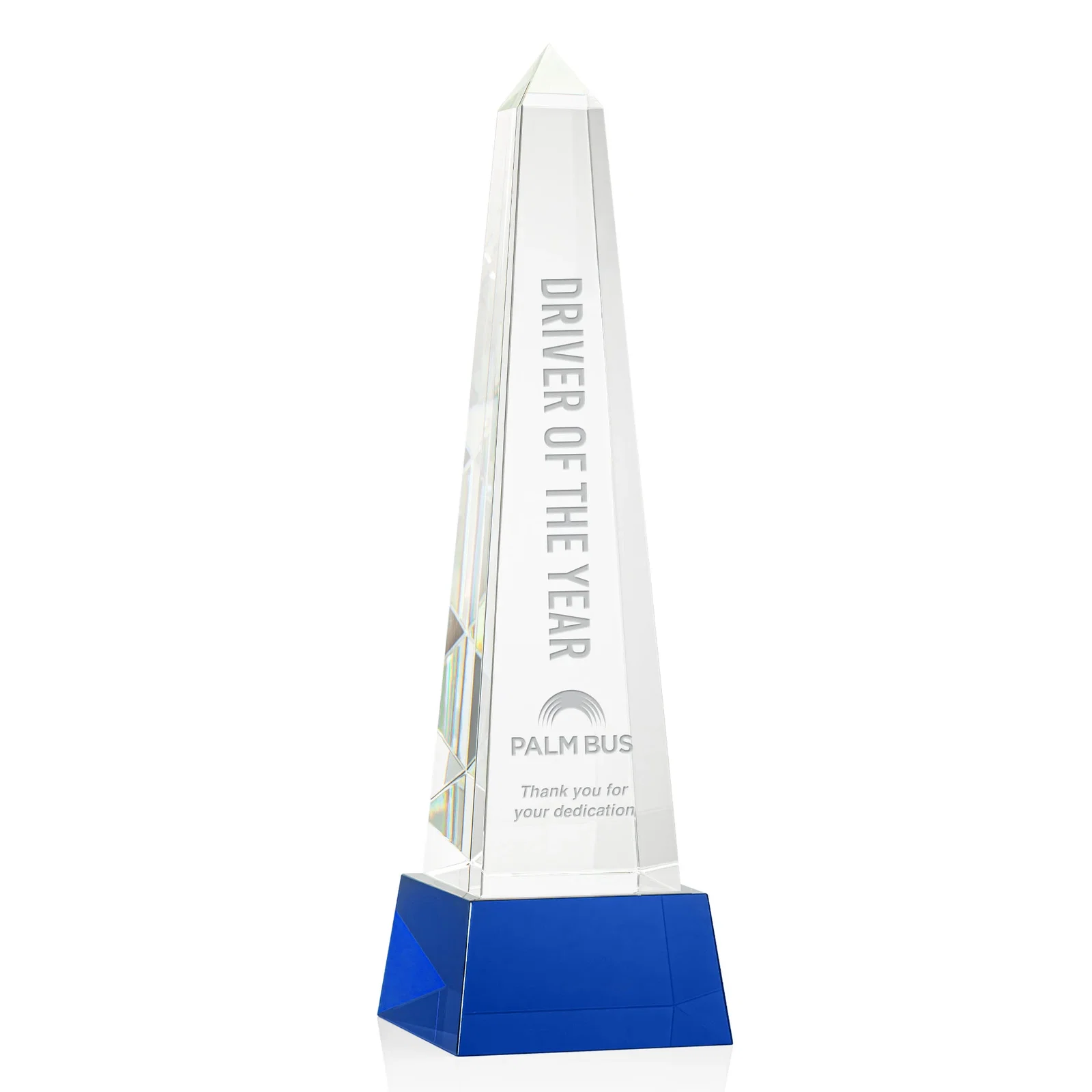 Personalized Optical Crystal Obelisk Award with Faceted Peak on Tapered Base for retirement presentations