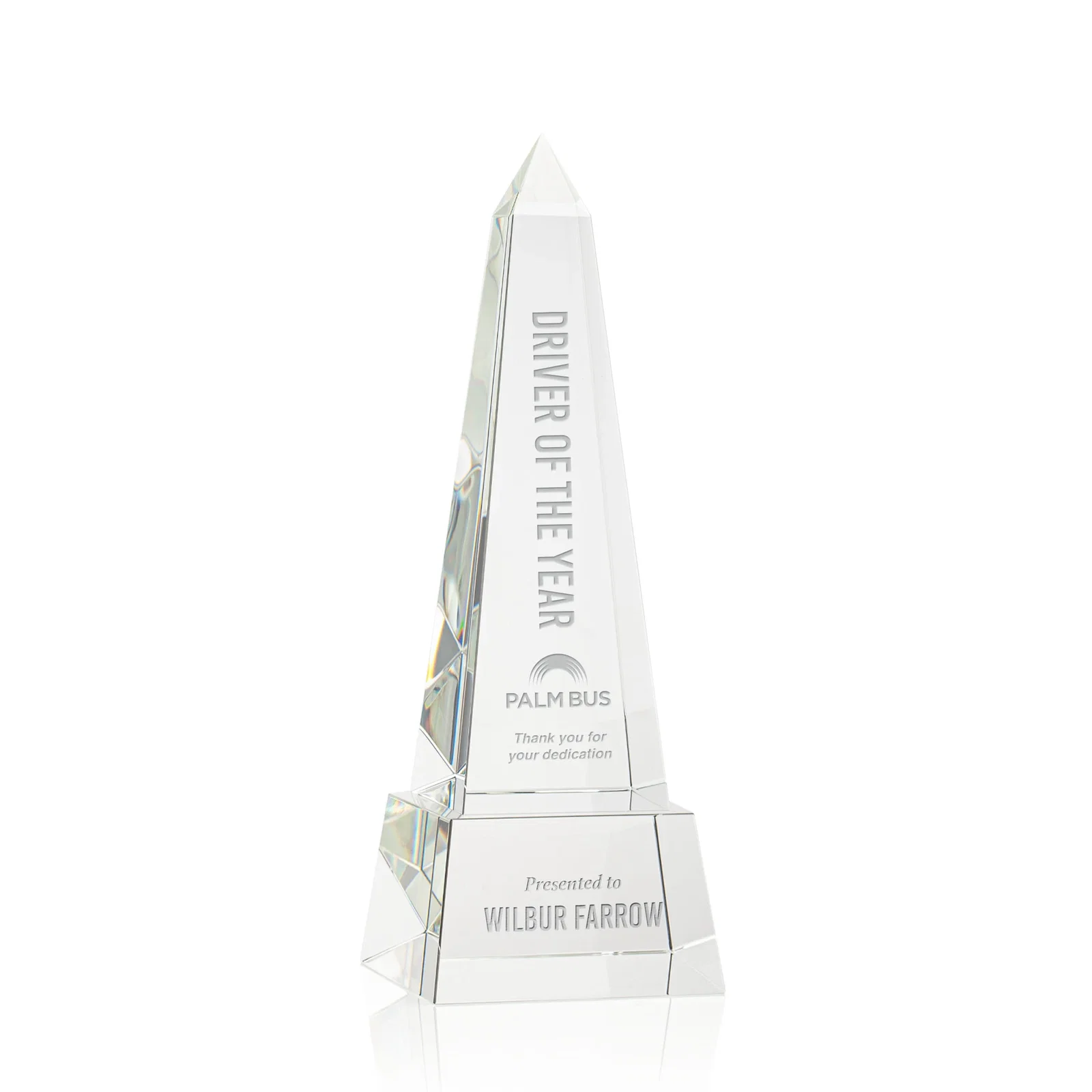 Custom Optical Crystal Obelisk Award with Faceted Peak on Tapered Base for corporate award ceremonies