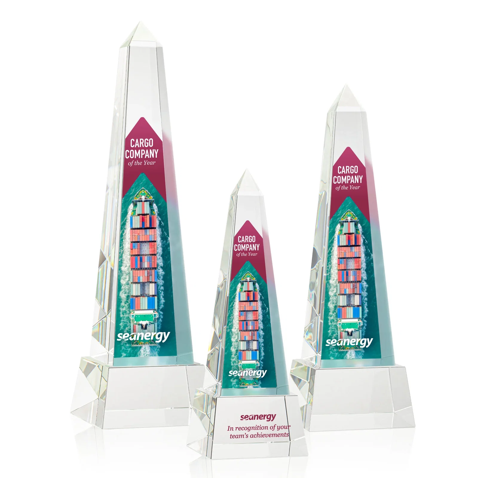 Personalized Optical Crystal Obelisk Award with Faceted Peak on Tapered Base for team milestone celebrations