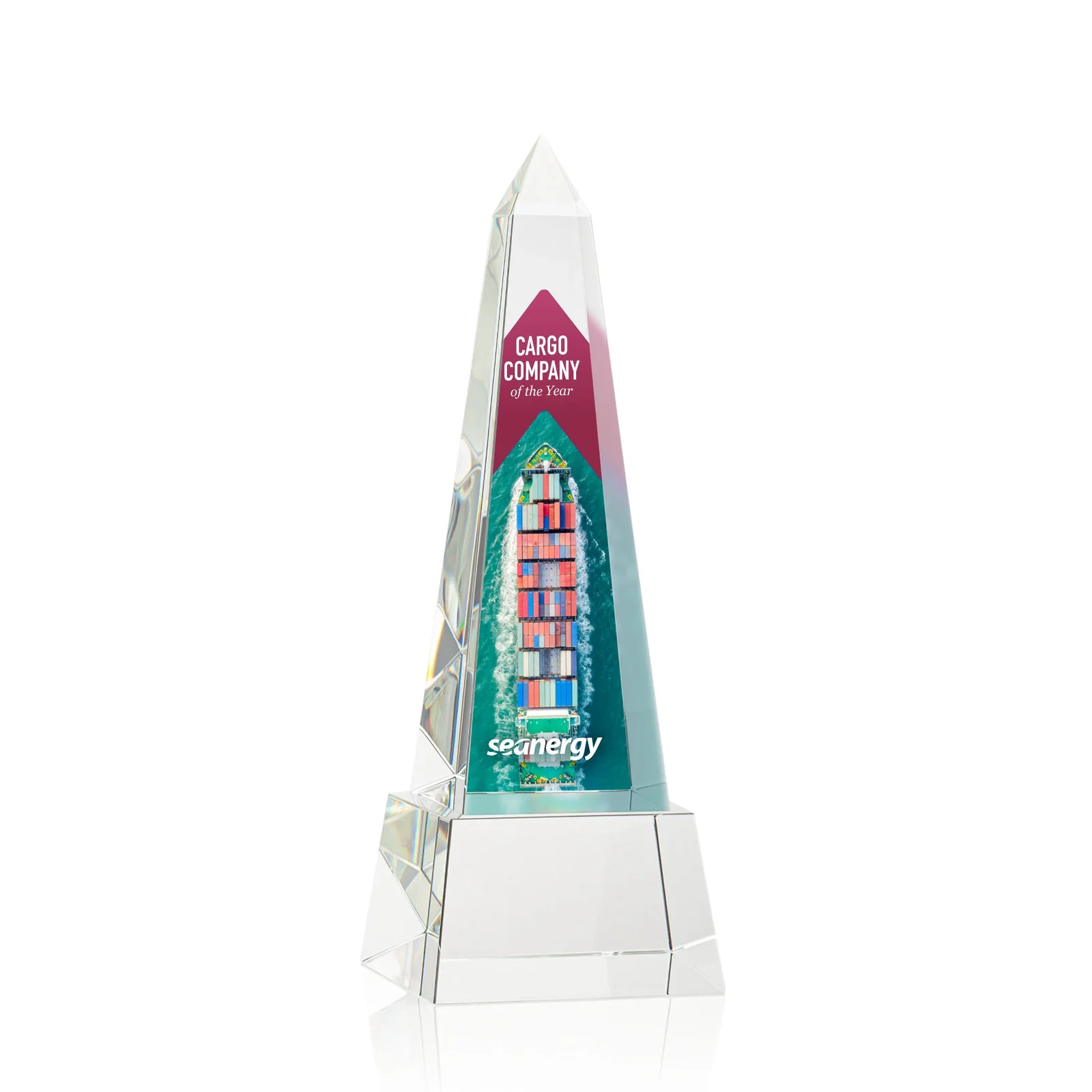 Personalized Optical Crystal Obelisk Award with Faceted Peak on Tapered Base for donor appreciation