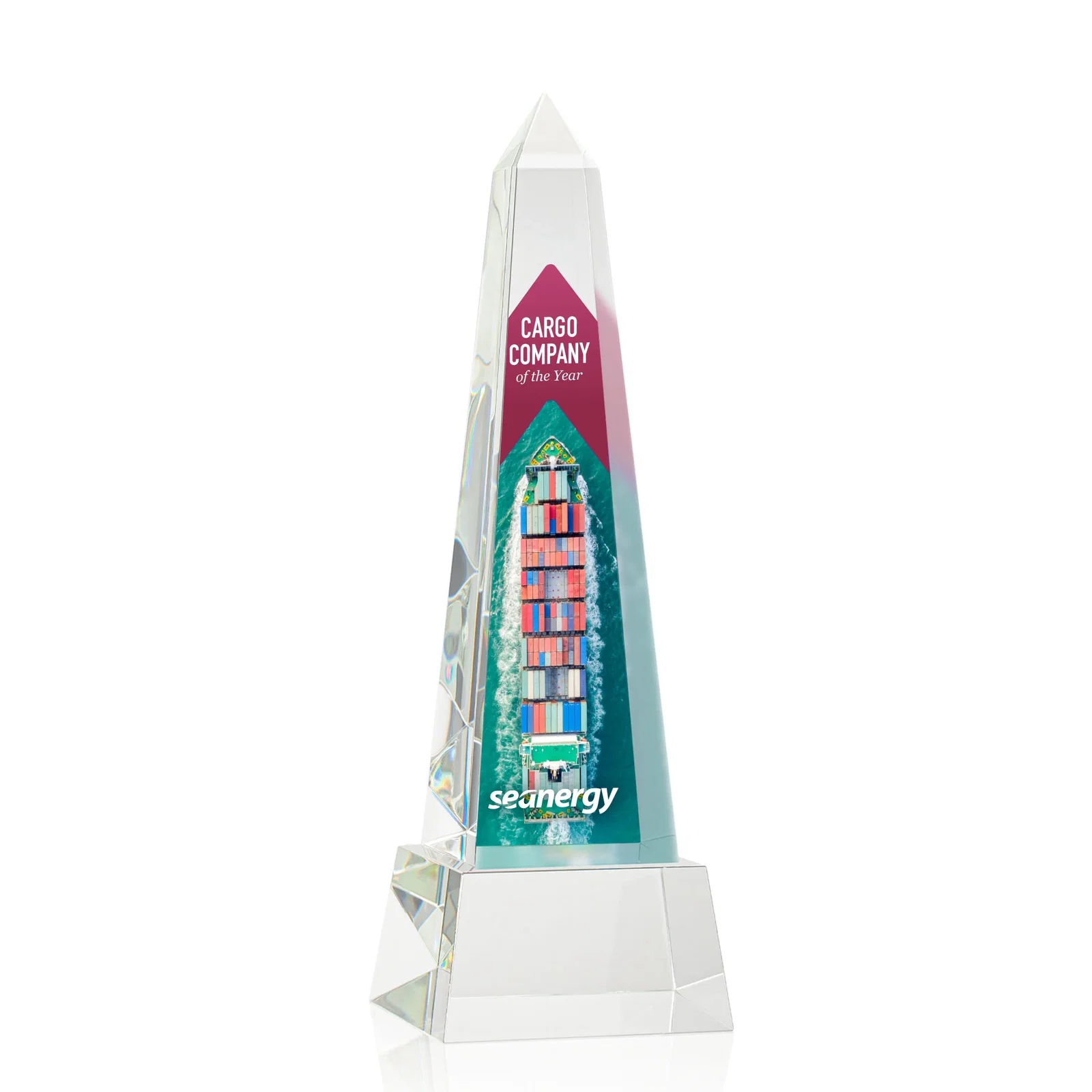Personalized Optical Crystal Obelisk Award with Faceted Peak on Tapered Base for graduation ceremonies