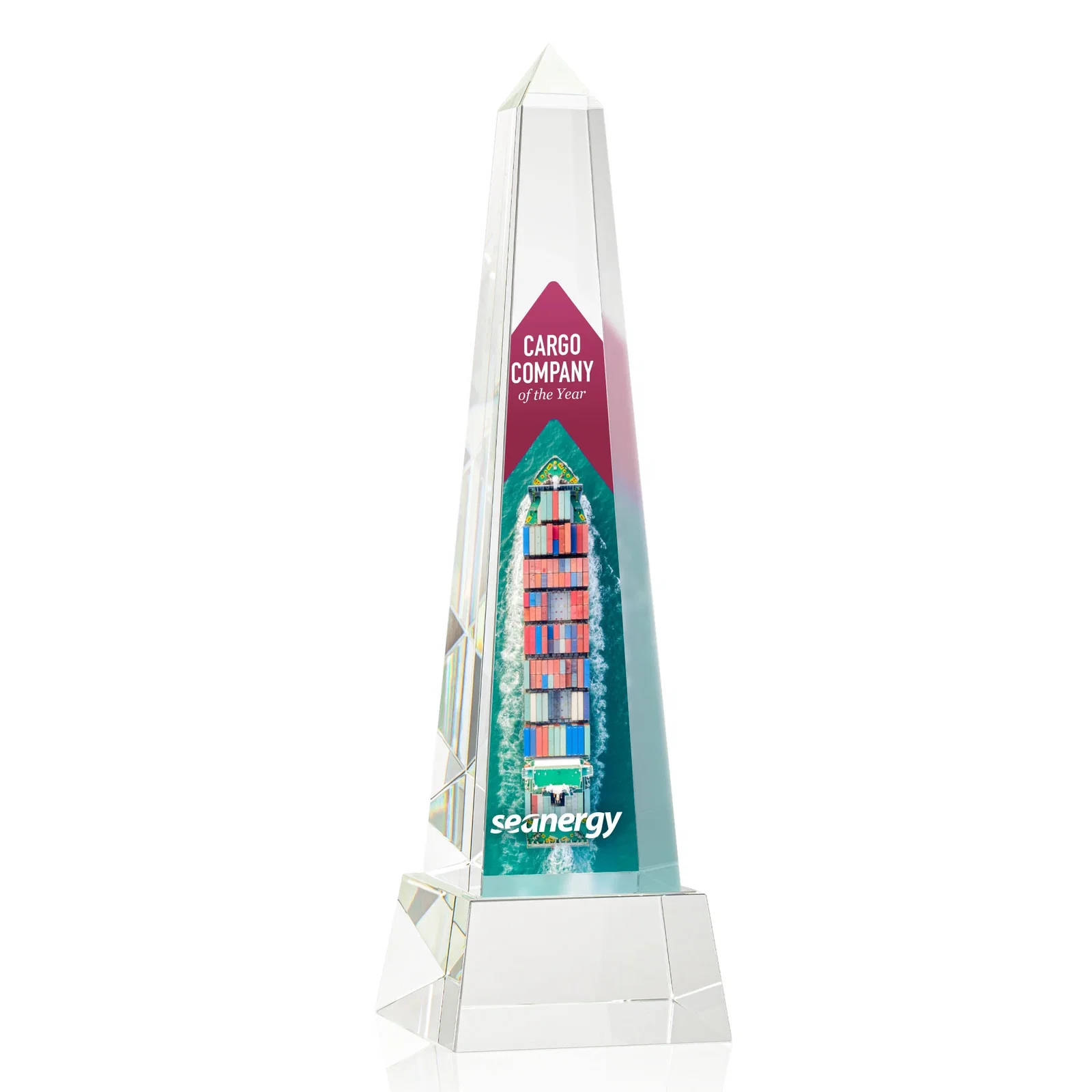 Personalized Optical Crystal Obelisk Award with Faceted Peak on Tapered Base for safety achievement programs