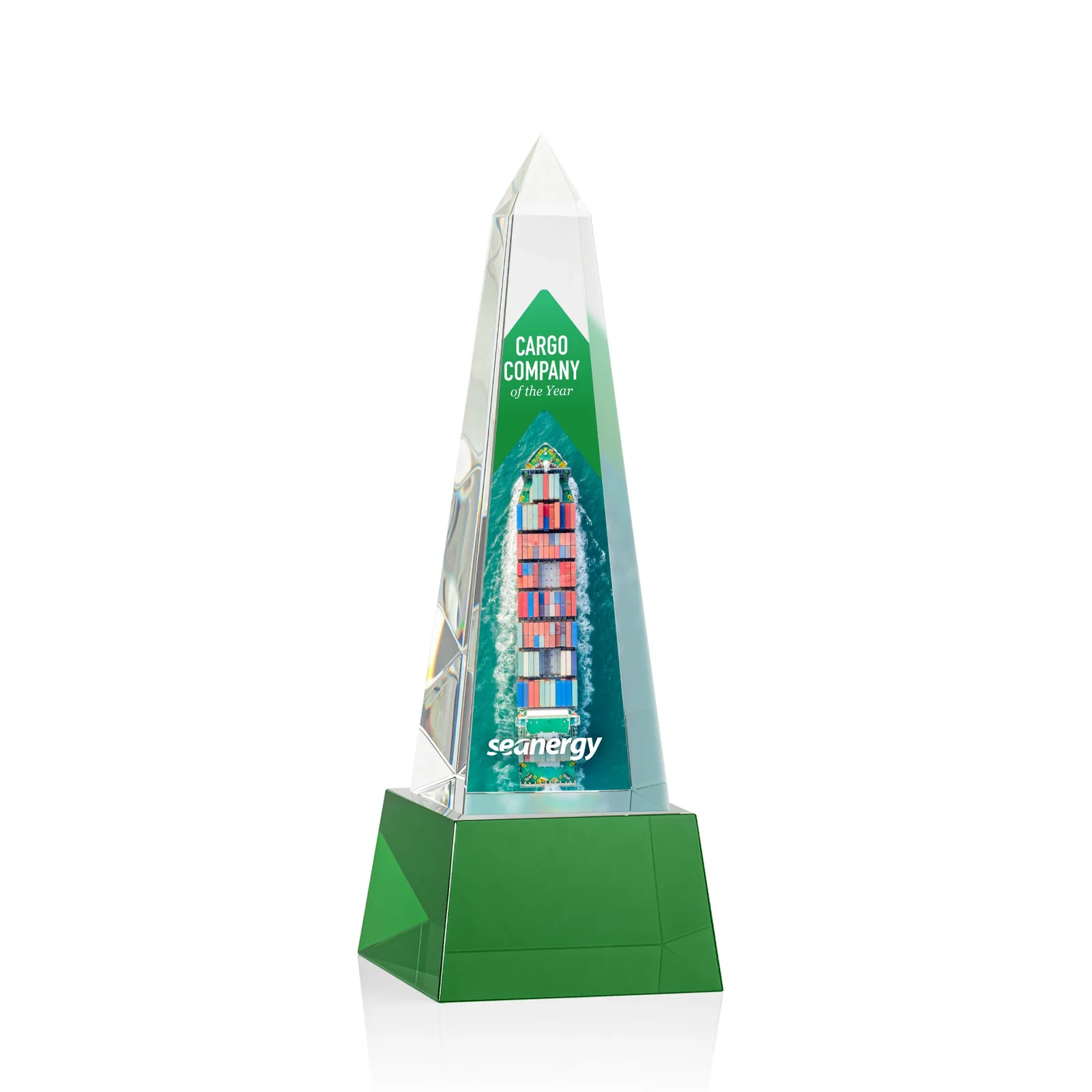 Personalized Optical Crystal Obelisk Award with Faceted Peak on Tapered Base for dealer and partner awards