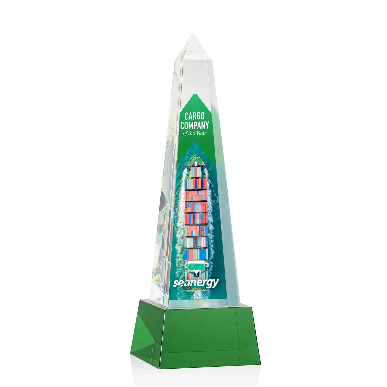 Personalized Optical Crystal Obelisk Award with Faceted Peak on Tapered Base for company anniversary events