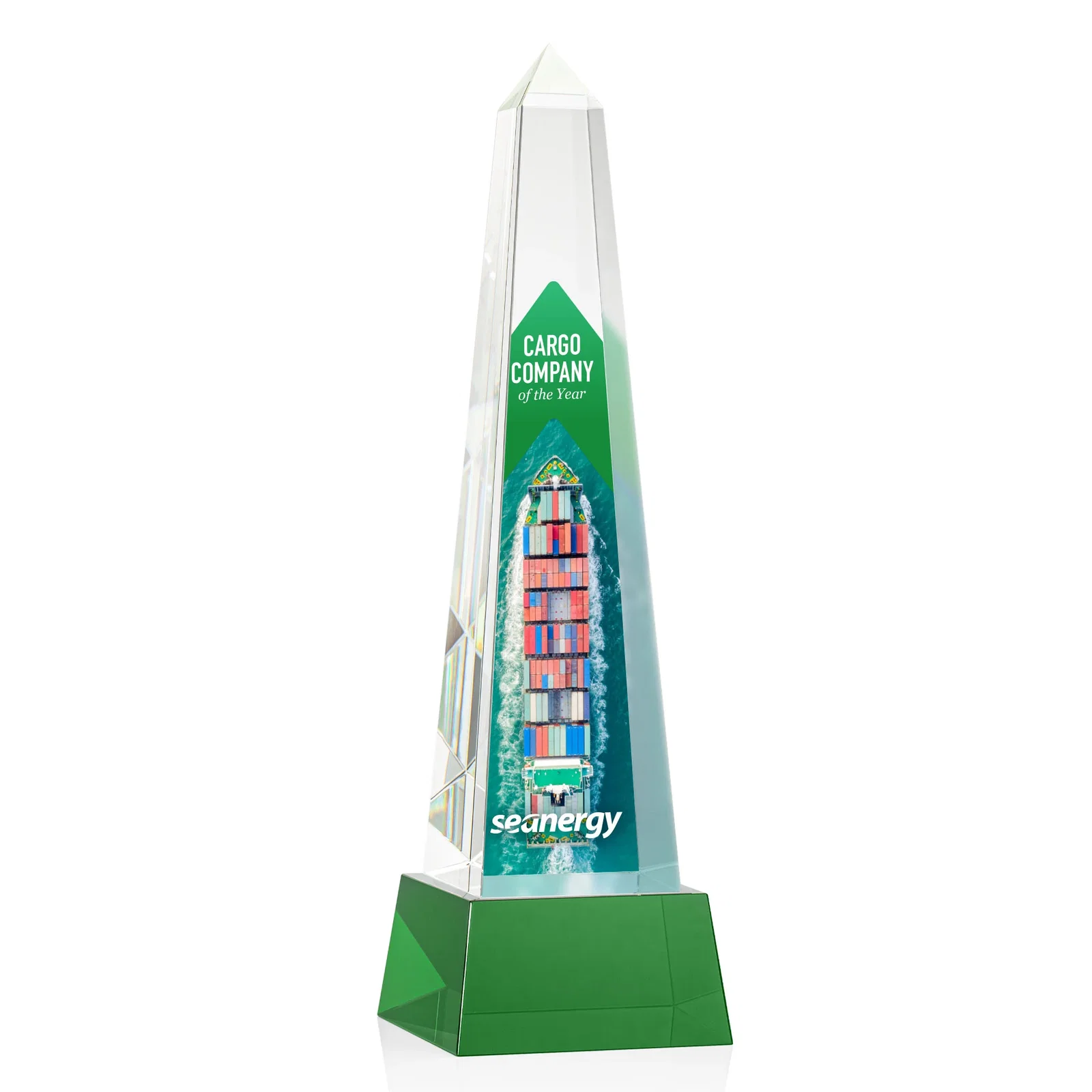 Promotional Optical Crystal Obelisk Award with Faceted Peak on Tapered Base for employee recognition