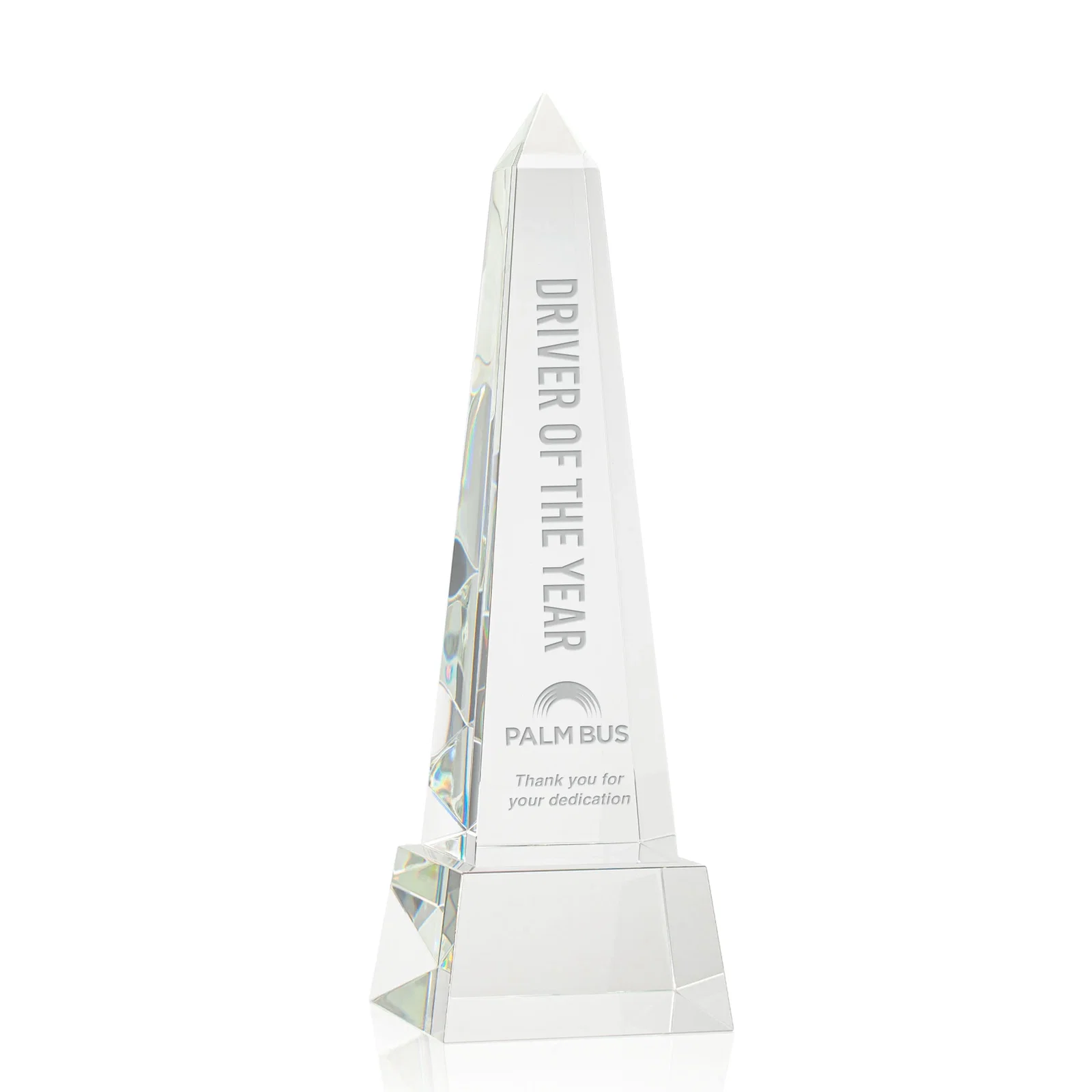 Custom Optical Crystal Obelisk Award with Faceted Peak on Tapered Base for service anniversary gifts