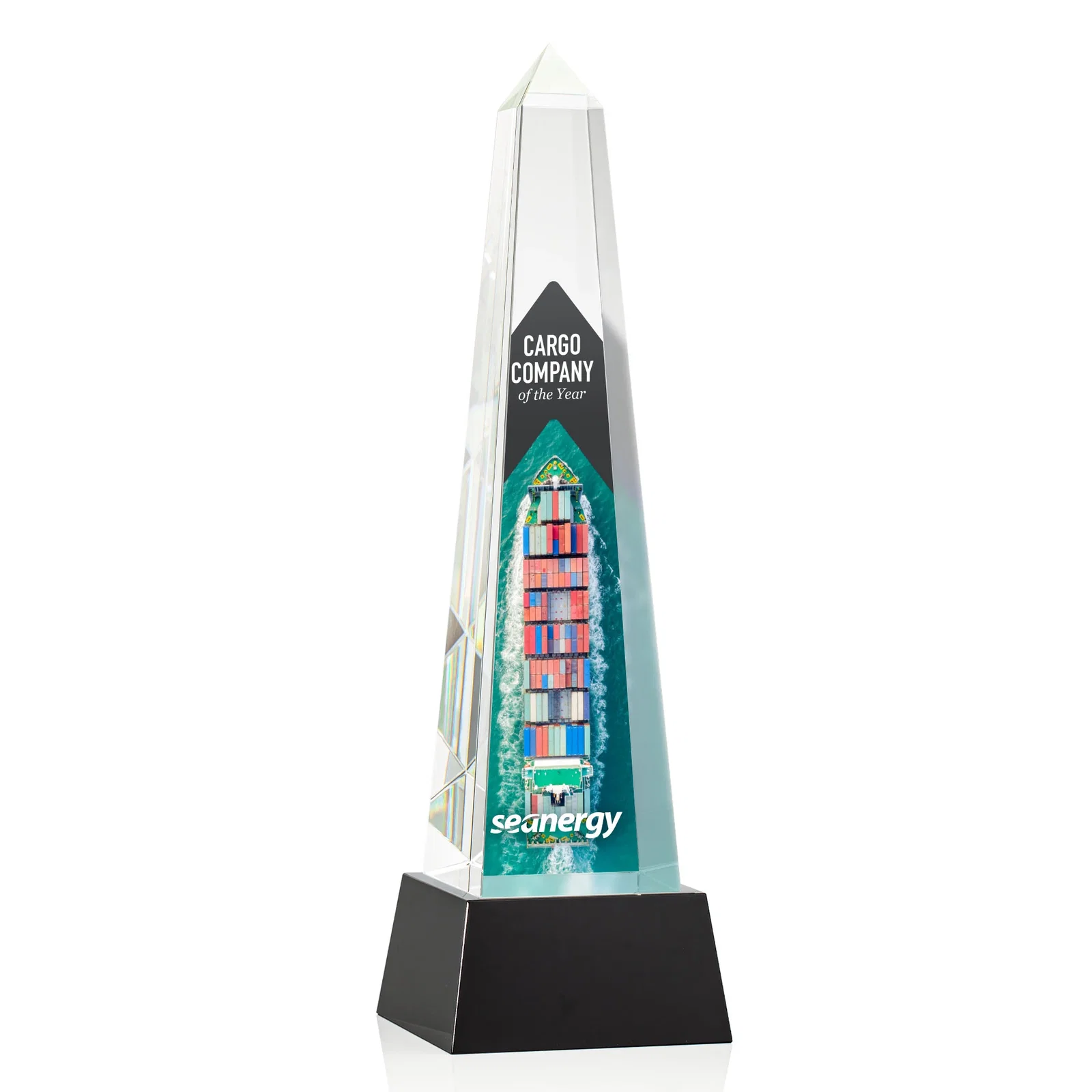 Promotional Optical Crystal Obelisk Award with Faceted Peak on Tapered Base for retirement presentations