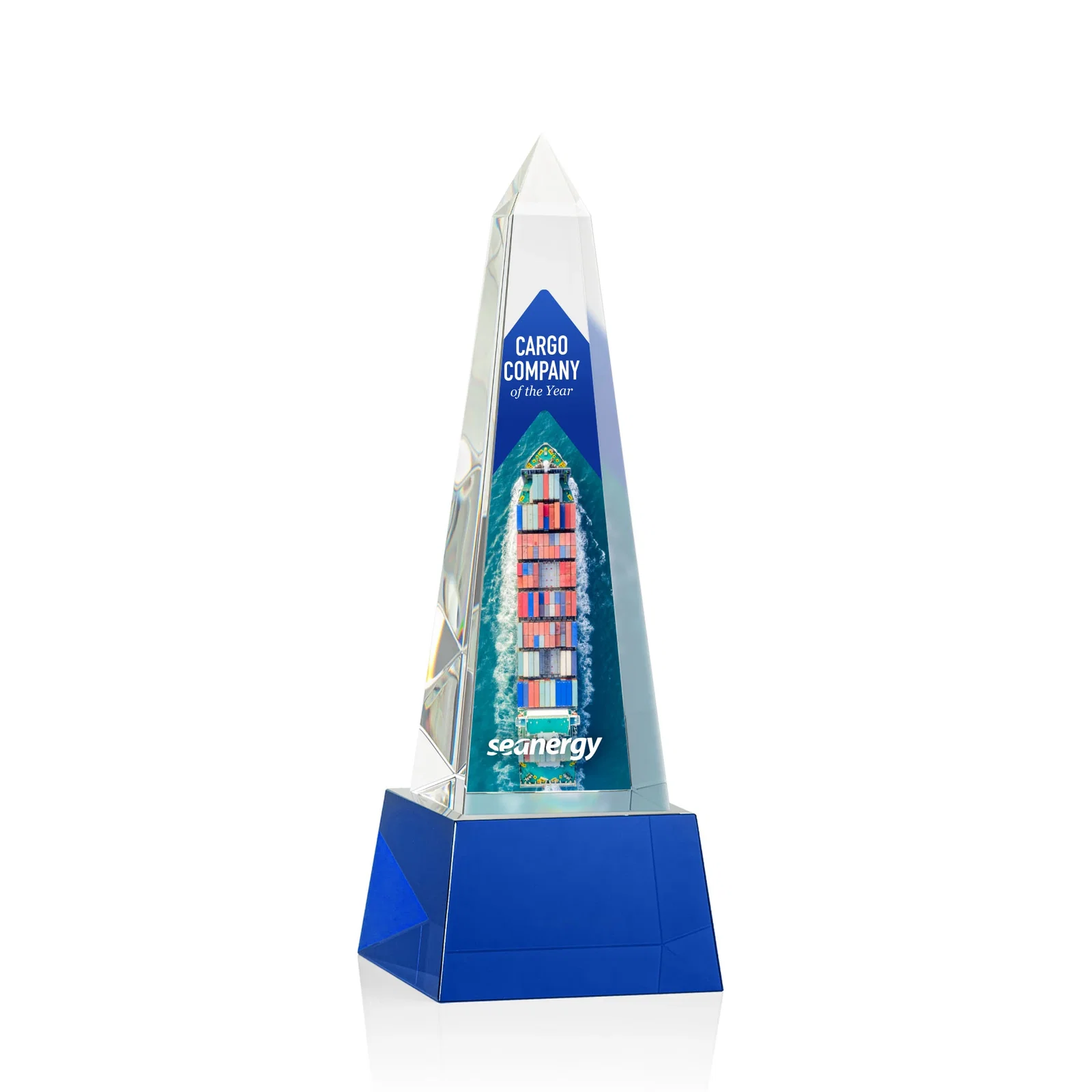 Promotional Optical Crystal Obelisk Award with Faceted Peak on Tapered Base for donor appreciation