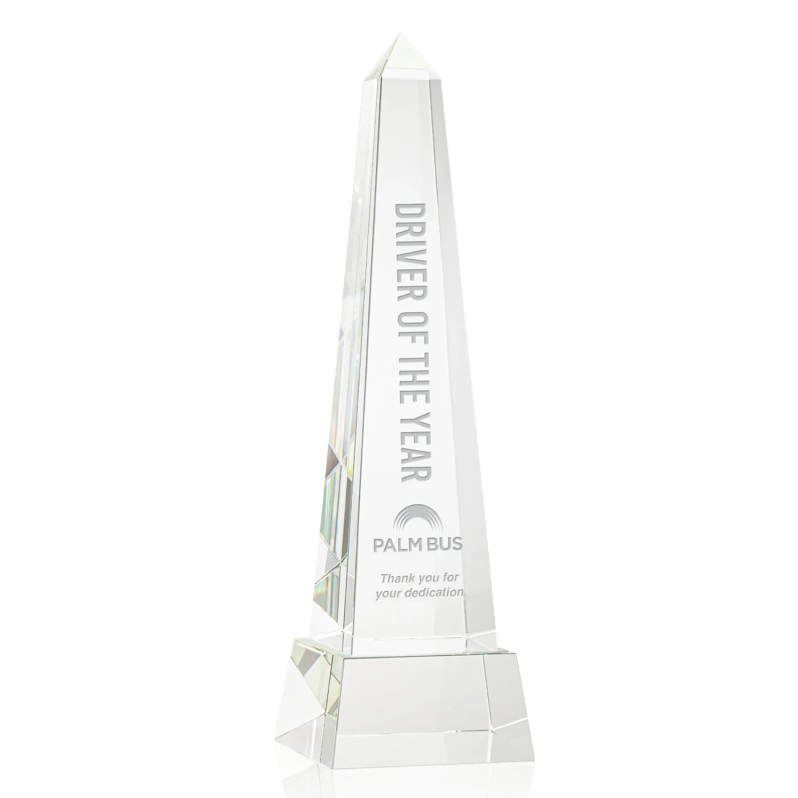 Custom Optical Crystal Obelisk Award with Faceted Peak on Tapered Base for sales achievement awards