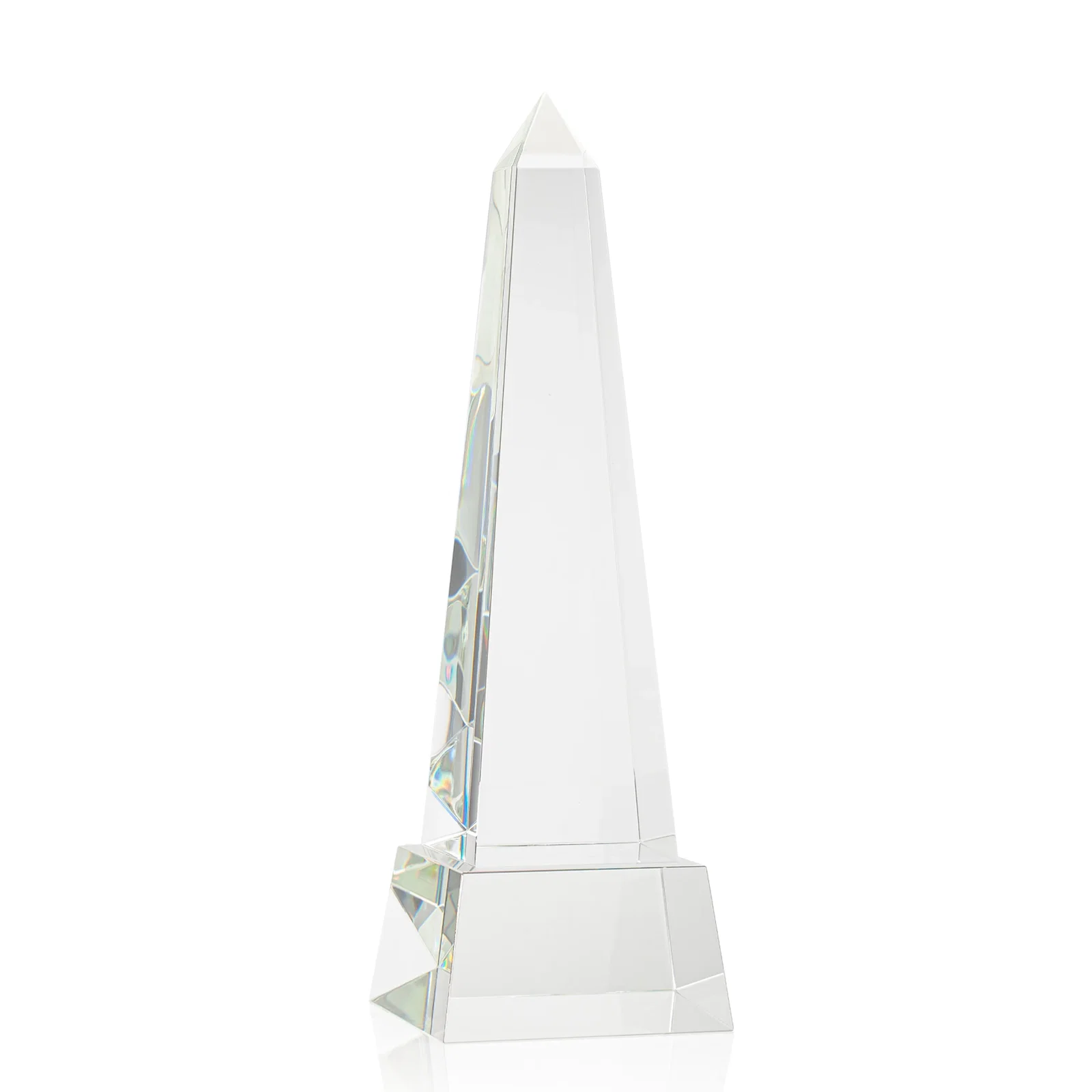 Promotional Optical Crystal Obelisk Award with Faceted Peak on Tapered Base for dealer and partner awards