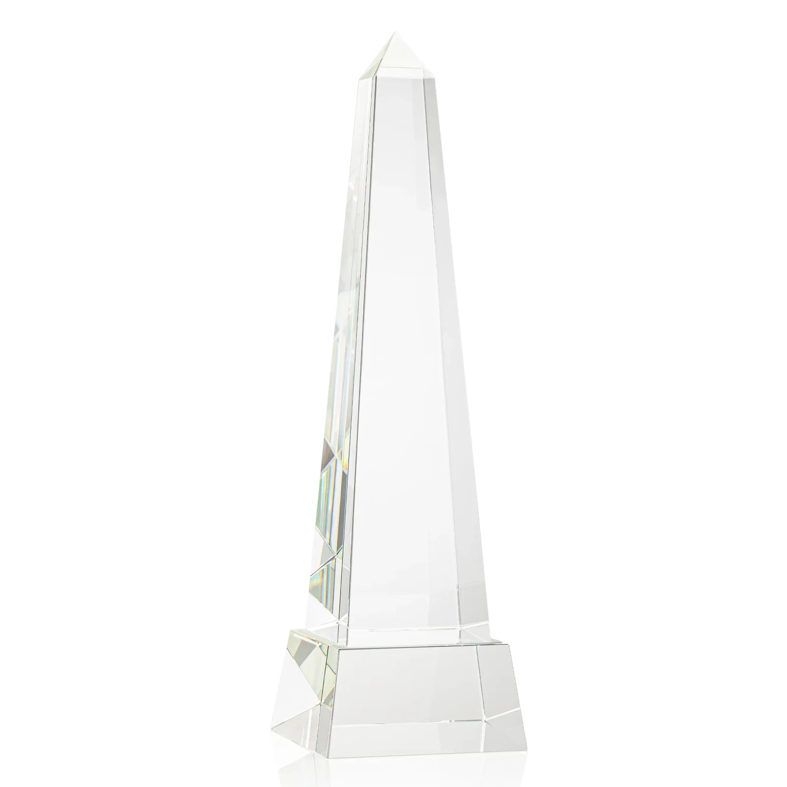 Promotional Optical Crystal Obelisk Award with Faceted Peak on Tapered Base for company anniversary events