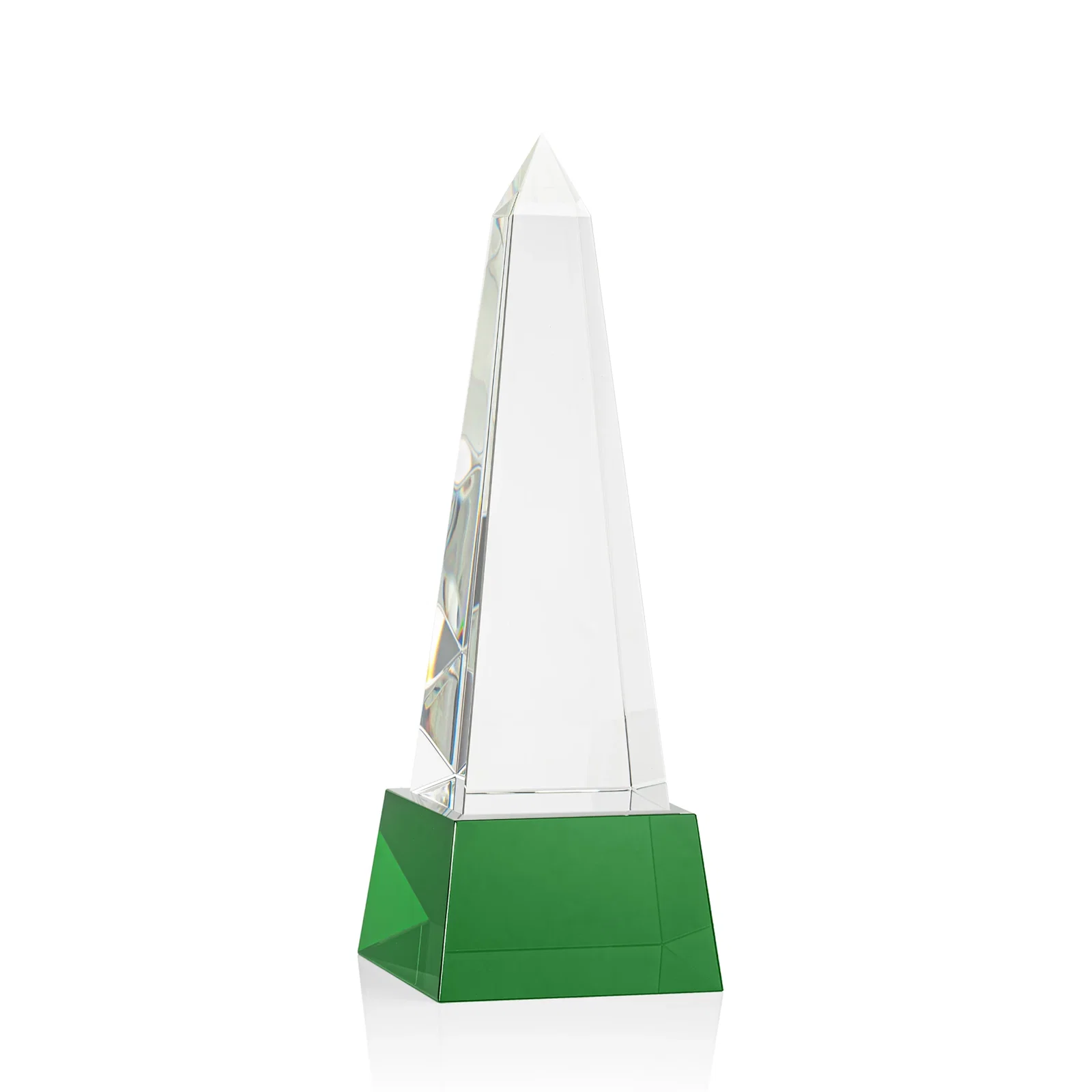 Branded Optical Crystal Obelisk Award with Faceted Peak on Tapered Base for employee recognition