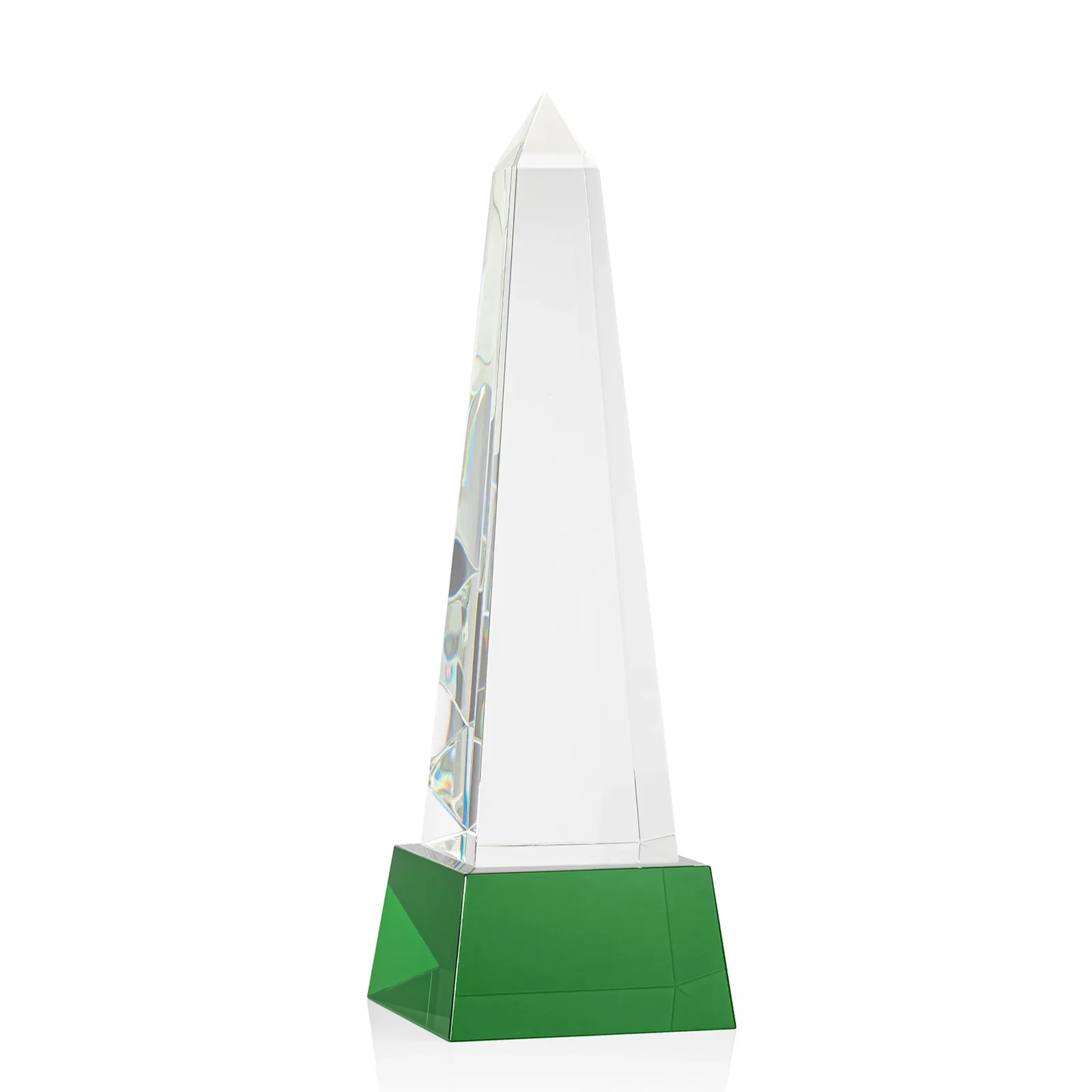 Branded Optical Crystal Obelisk Award with Faceted Peak on Tapered Base for corporate award ceremonies